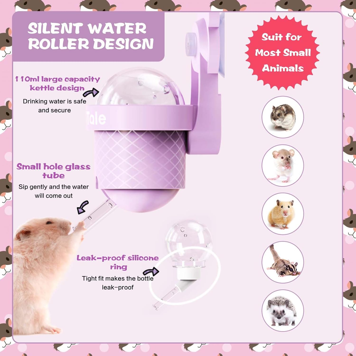 SUSOO Leak-Proof Hamster Water Bottle with Vacuum Silent Drinking Water Design,2-In-1 Hook and Suction Cup Design for Wire Cage and Acrylic Small Animal Water Dispenser Cage Accessorie (Purple, 110ML)