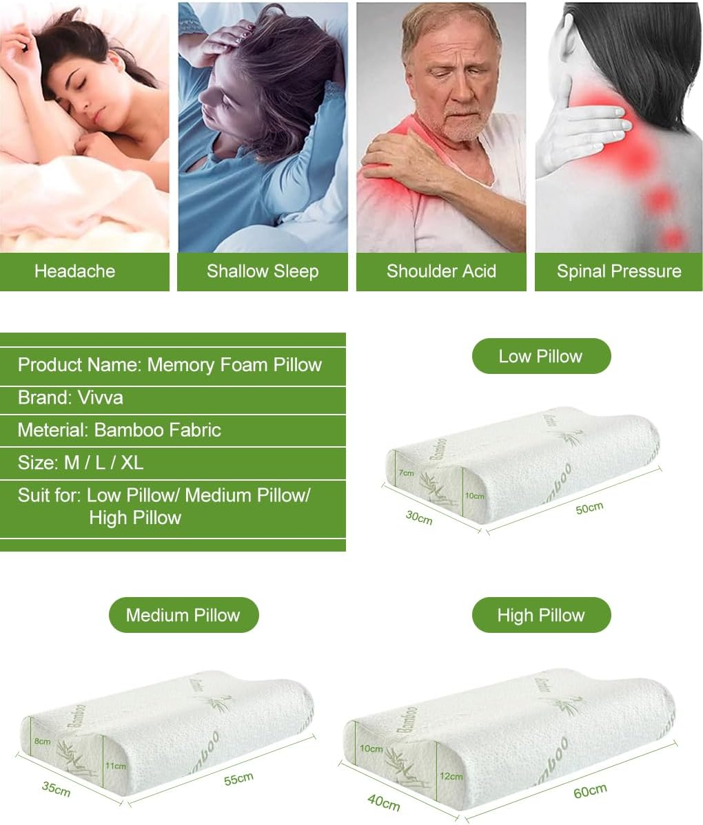 Bed Pillow 2PCS Bamboo Memory Foam Sleep Pillow Contoured Cervical Orthopedic Pillow Neck Support Breath Pillow Back/Stomach/Side Sleeper (M) image number 3