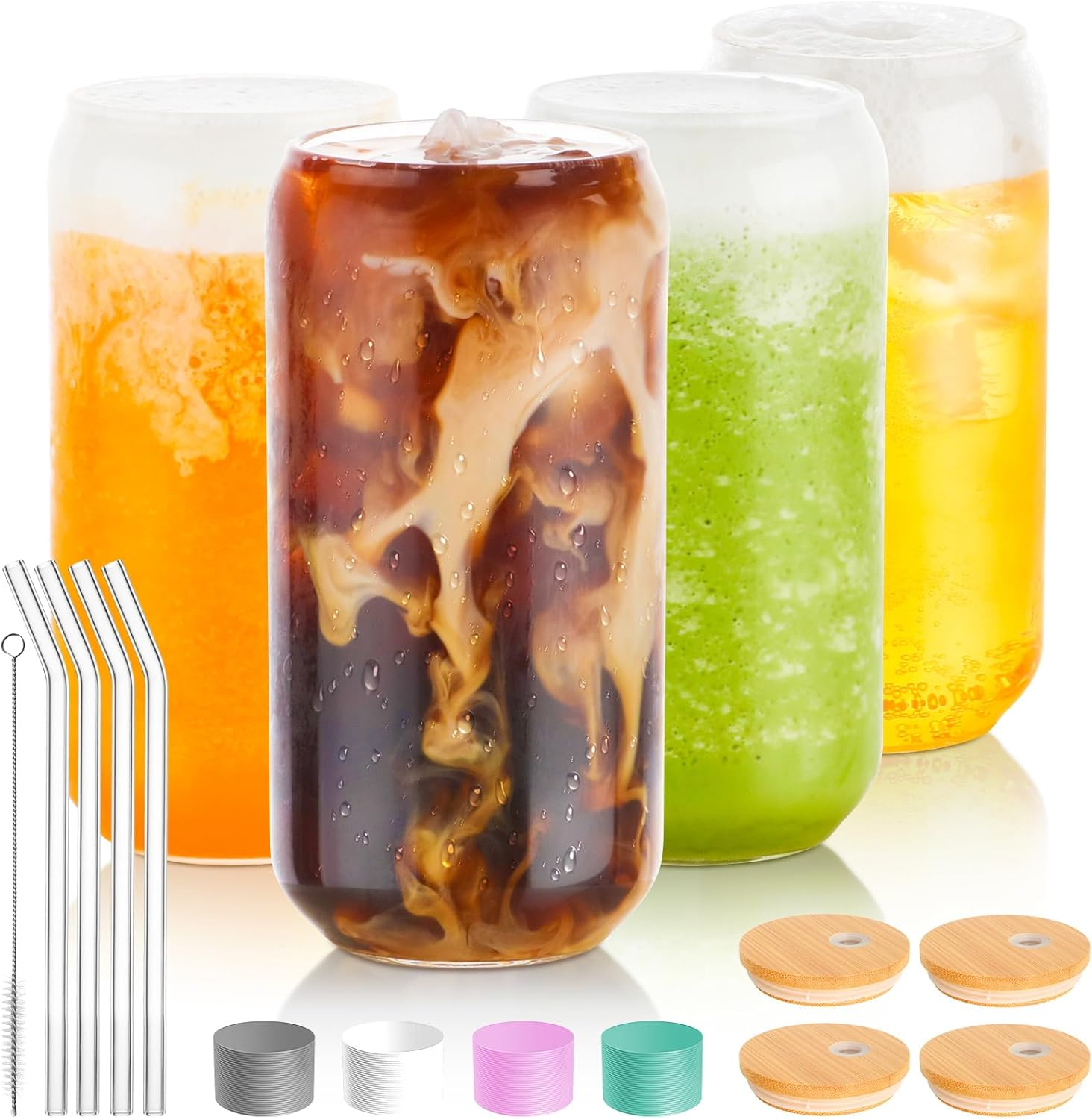 Drinking Glass Set of 4, 500Ml Can Shaped Glasses Cups, Iced Coffee Glasses, Beer Tumbler, for Whiskey, Soda, Tea, Juice, Gift, with Lid, Straw and Sleeve