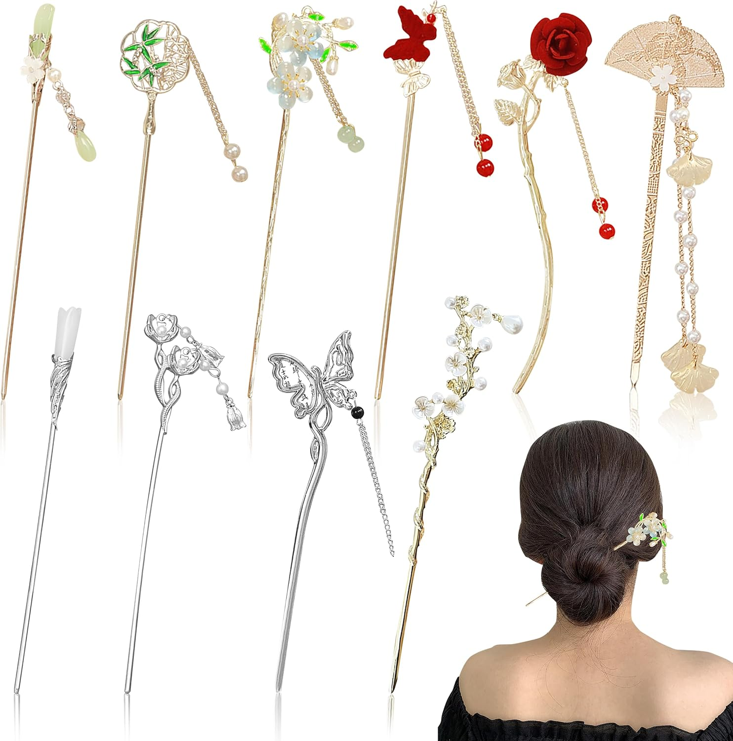 Yinnfeen 10 Pcs Chinese Hair Stick, Silver and Gold Vintage Hair Chopsticks, Retro Chinese Hanfu Hair Pin Flower Butterfly Dangle Tassel Hair Stick for Women Hair Styling Accessories image number 4
