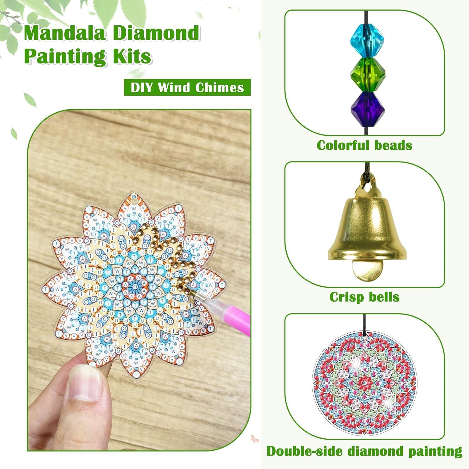 Vcekract Diamond Painting Wind Chimes, Mandala Diamond Art Kits for Adults, Double Sided Diamond Art Wind Chimes, Diamond Painting Crafts for Garden Decor image number 4