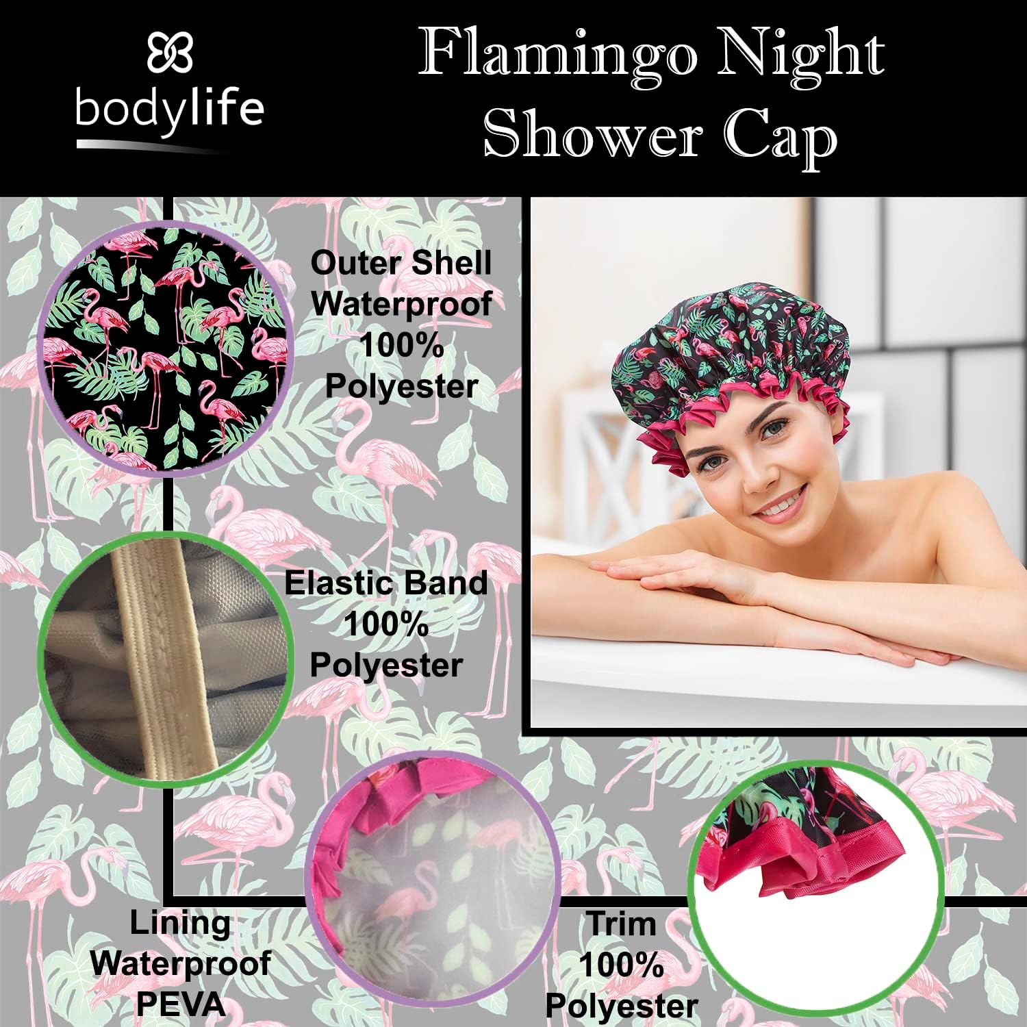 Bodylife Shower Cap Reusable Bath Cap Dual Layered Waterproof Flamenco Flamingo 27Cm image number 1