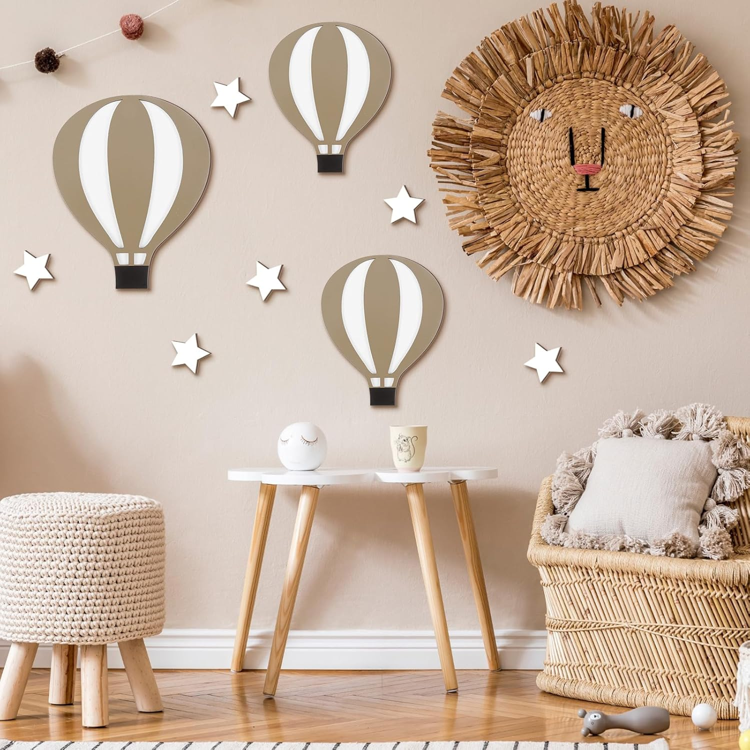 Soaoo 9 Pcs Hot Air Balloon Decorations Nursery Wall Decor Boho Wooden Sign Baby Shower Decorations for Bedroom Classroom Playroom Wall Art image number 2