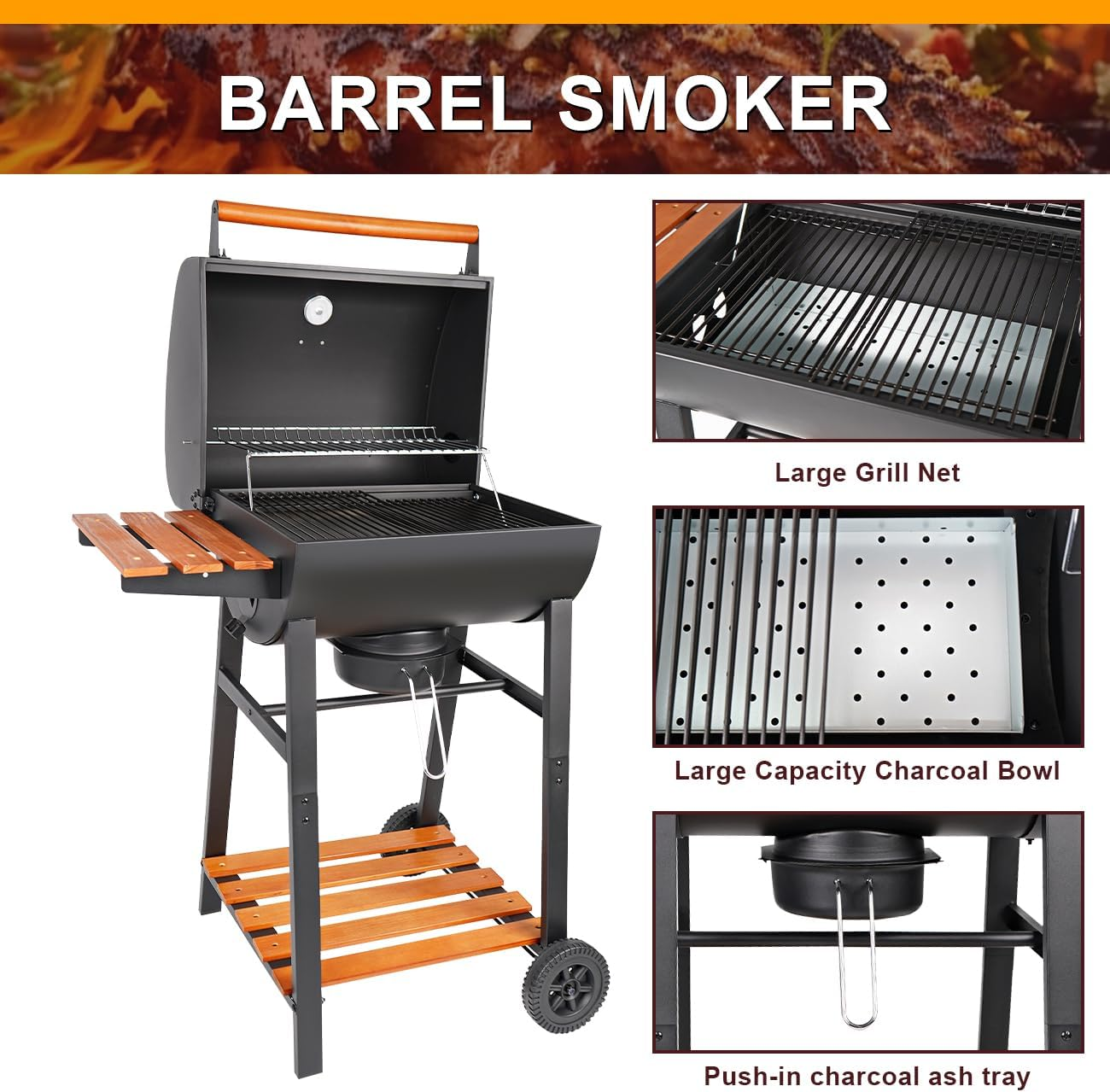 Charcoal Barrel Grill: Charcoal Grill with Storage for Camping, Picnic, Courtyard Party (Middle) image number 5
