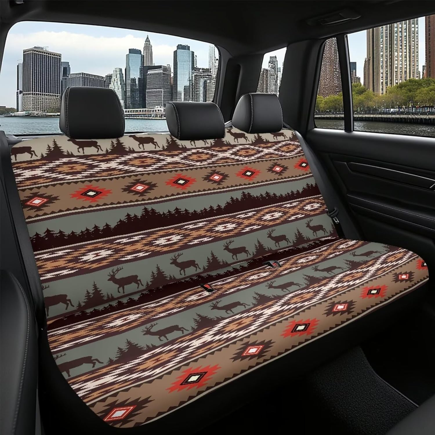 WELLFLYHOM Native Deer Car Seat Covers Rear Bench Seat Cover Aztec Tribal Car Accessories Universal Rear Seats Protective Cover for Trucks SUV image number 1
