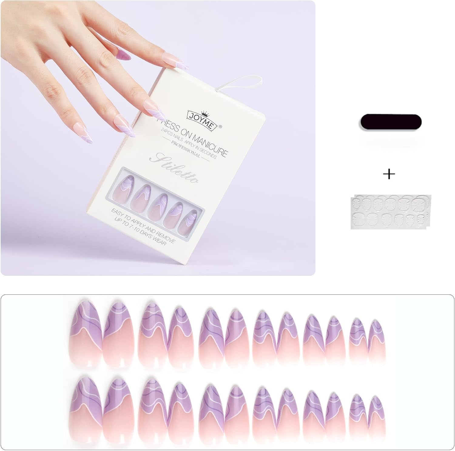 24Pcs Nude Abstract Press on Nails Medium and Long Almond Pointed Full Cover Nails Reusable for Women and Girls DIY Manicure Salon Beginners - Pink image number 6