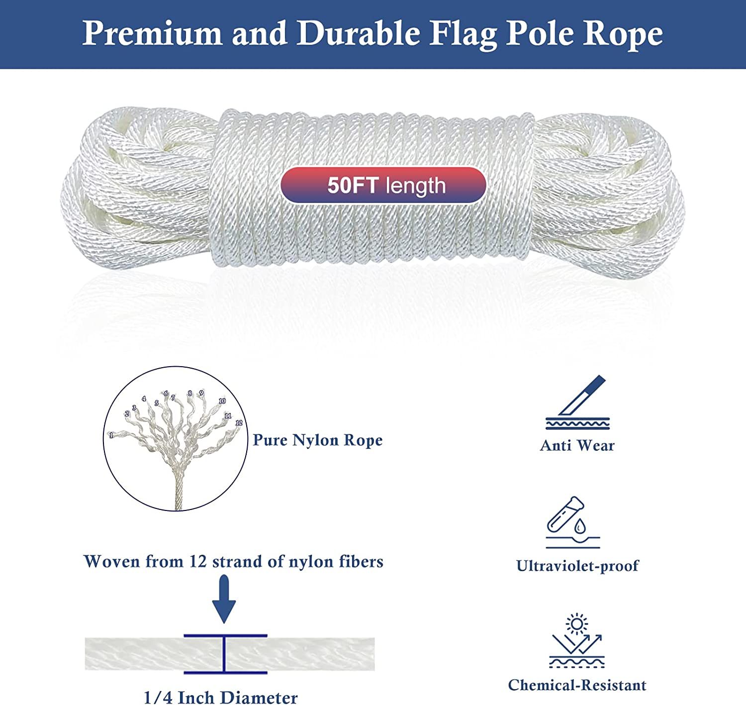 NQ 50 Feet X 1/4" Flag Pole Halyard Rope with 4 Pieces Nylon Flag Pole Hook Clips,Outdoor Flagpole Accessories-Double Braided, Compatible with Flagpoles up to 25 Feet