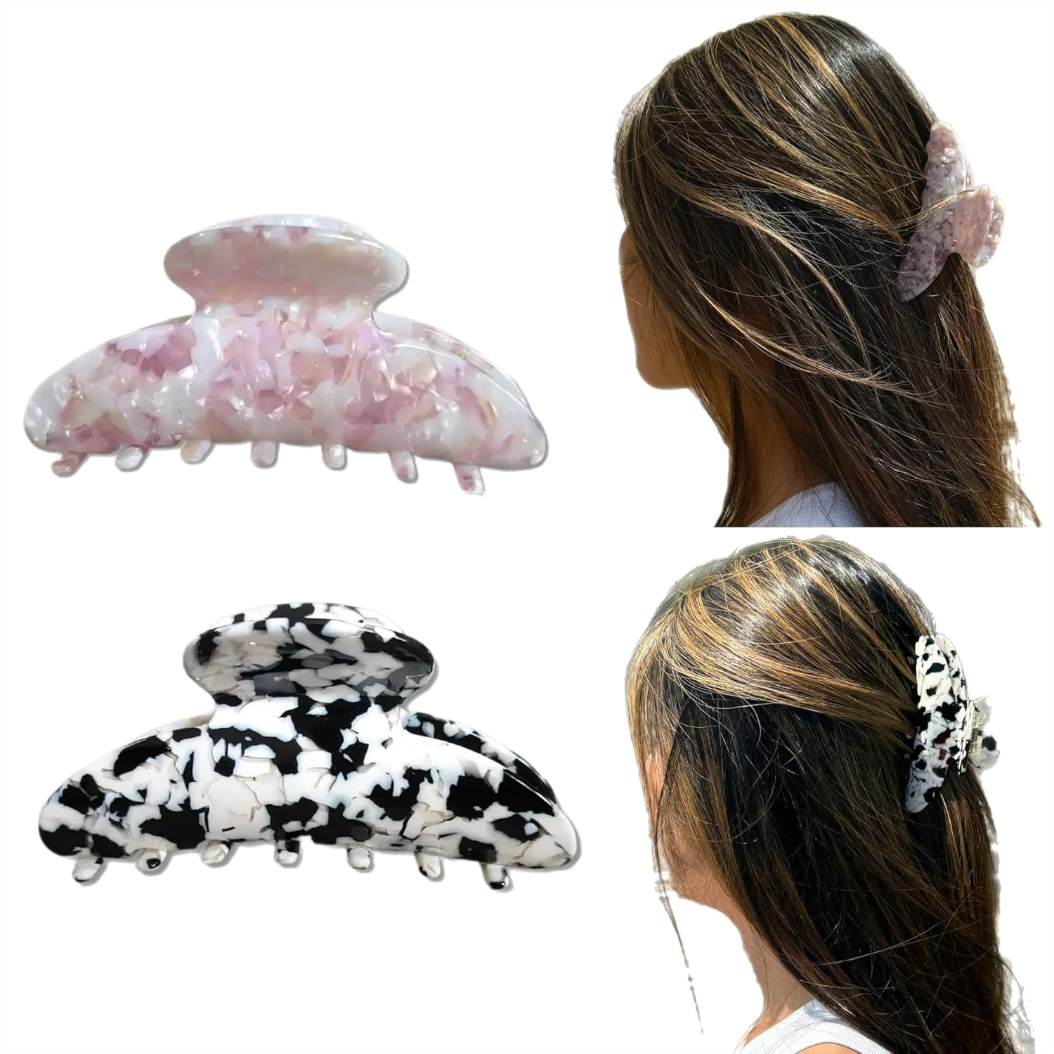 2PC Large Hair Claw Clip for Thick Hair - Marble, Opal Design (10Cm) (Pink-Purple Marble & Black-White Marble) image number 5