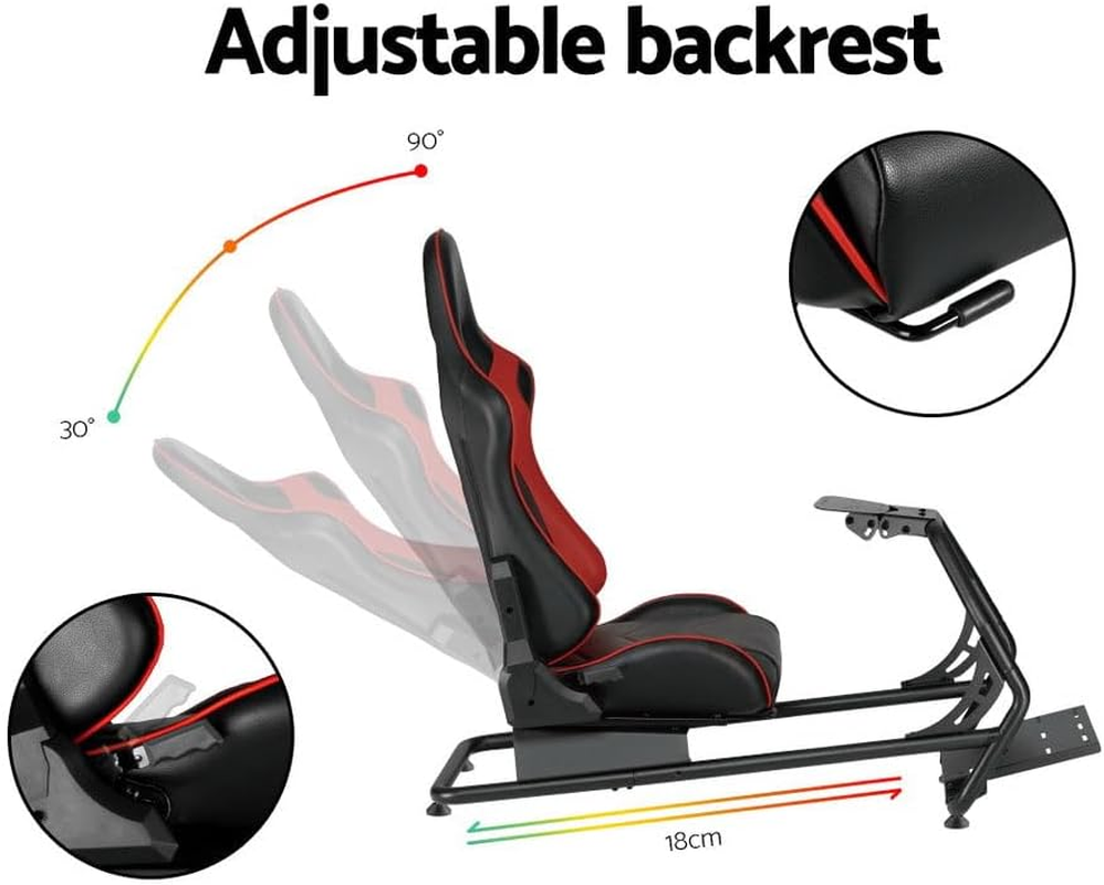 Artiss Racing Simulator, Foldable Sim Steering Cockpit Wheel Adjustable Gaming Chair Leather Seat Thrustmaster for Home Bedroom with Rubber Foot Pads, Black Red