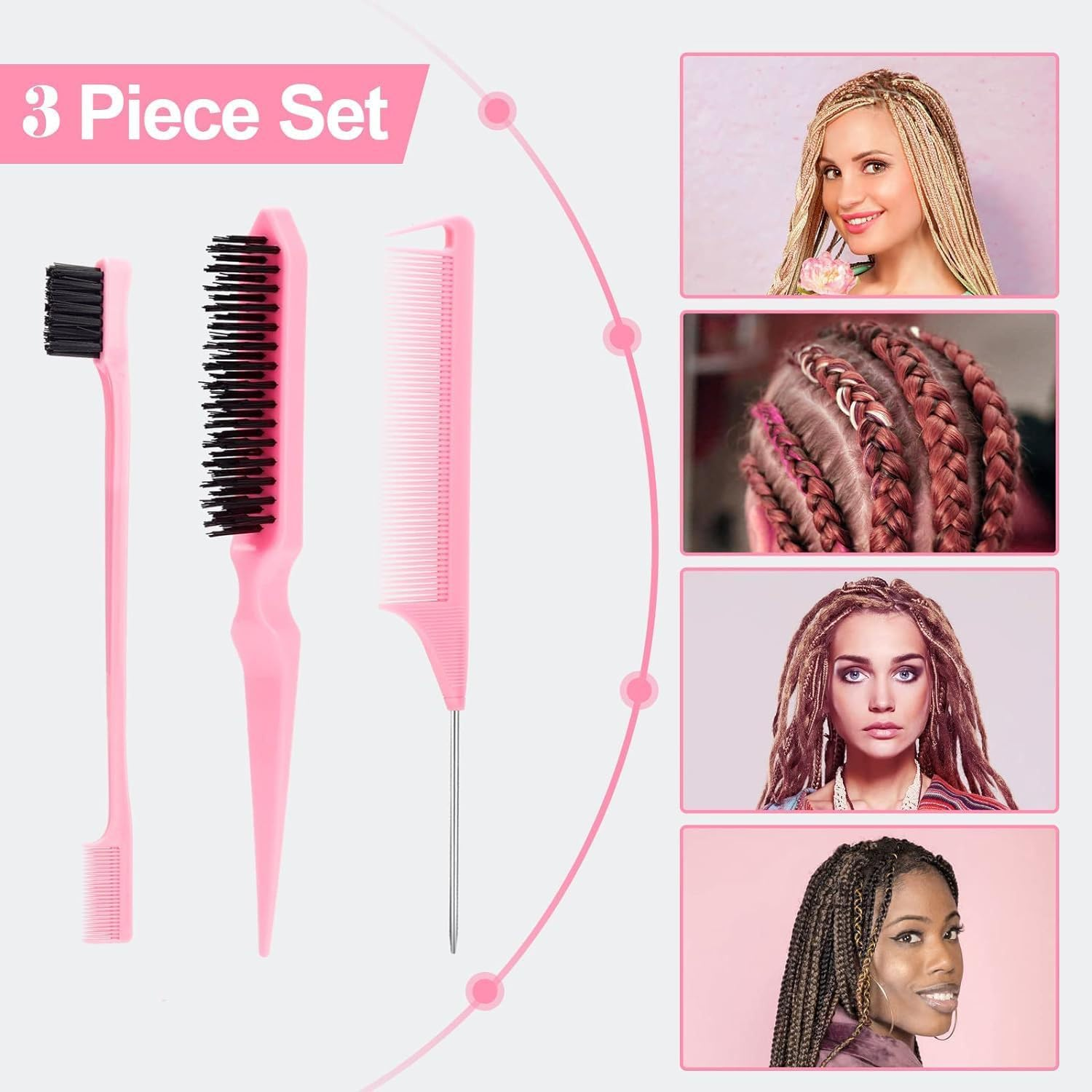 Hair Accessories Comb Set 3Pcs, Tail Comb for Parting Hair, Teasing Comb for Add Volume Fullness, Edge Brush for Edge Control (Pink, One Size) image number 2