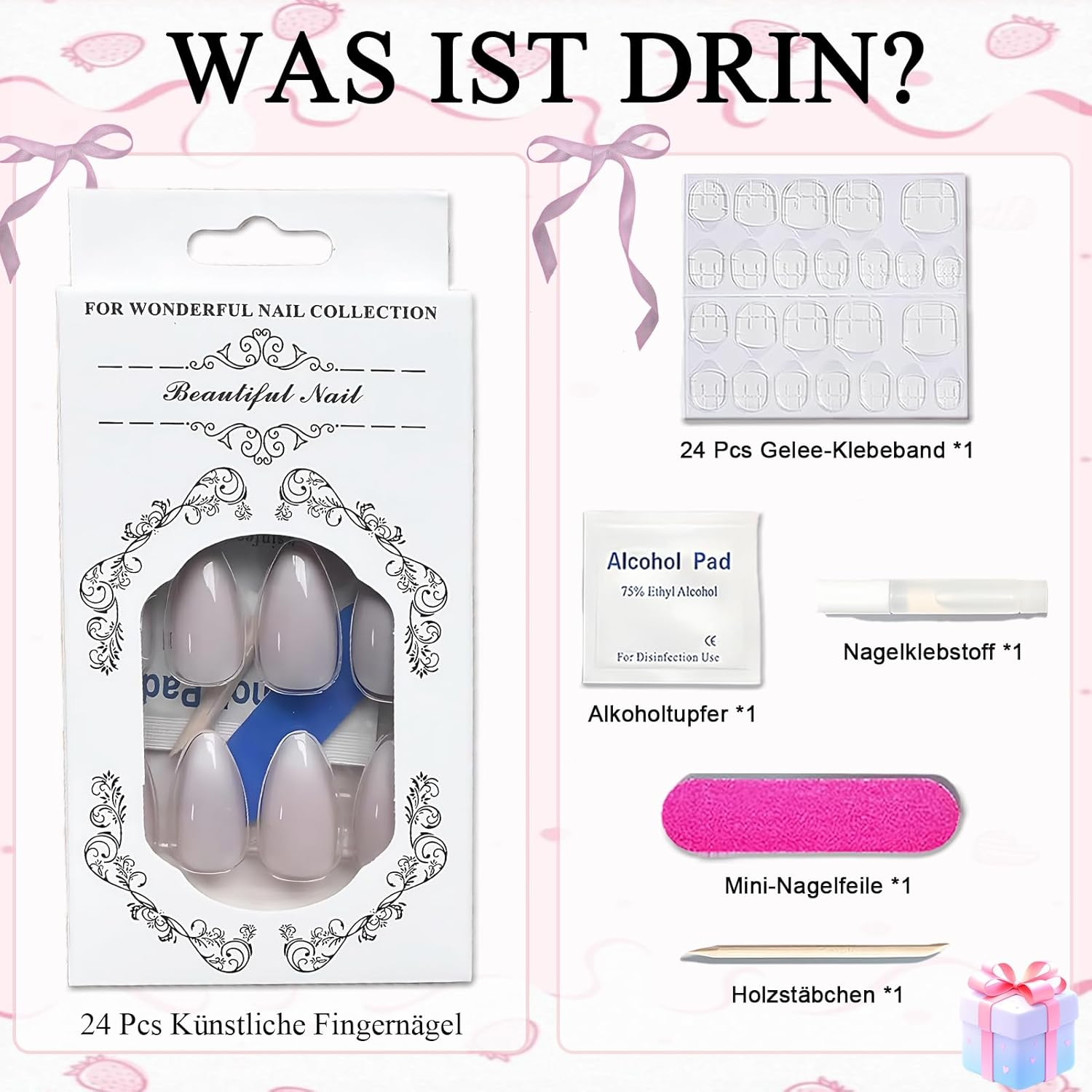 Pack of 24 Press on Nails Almond - Pink Colour Gradient Artificial Nails Medium - Full Cover False Nails - Nude Gradient White Fingernails for Sticking on for Women and Girls (Pink White Ombre) image number 5