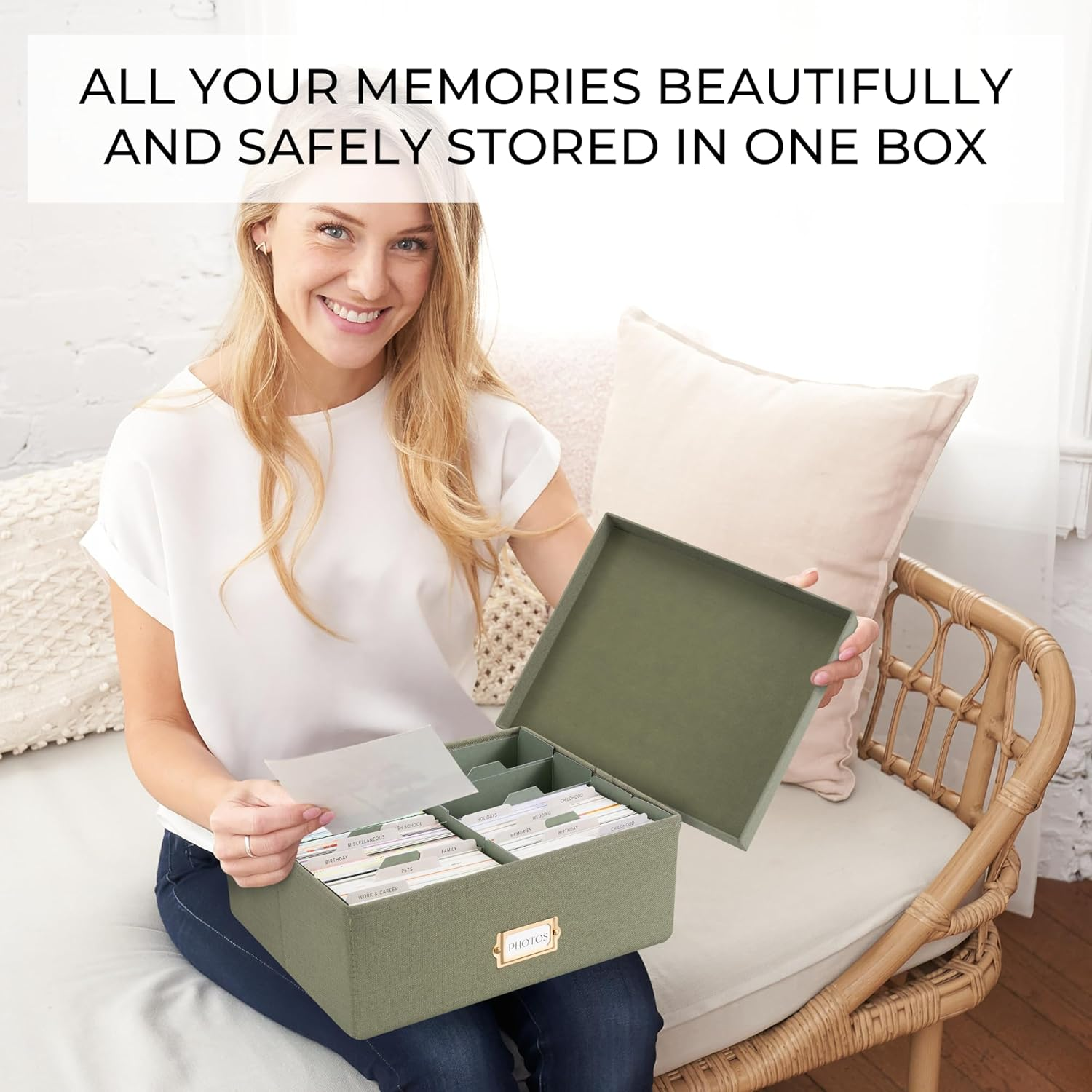 ZICOTO Decorative Photo Storage Box - Sturdy Linen Photo Organizer with Dividers Is Perfect to Store up to 1700 Pictures and 4X6 Photos - Portable Scrapbook Storage Containers with Lid
