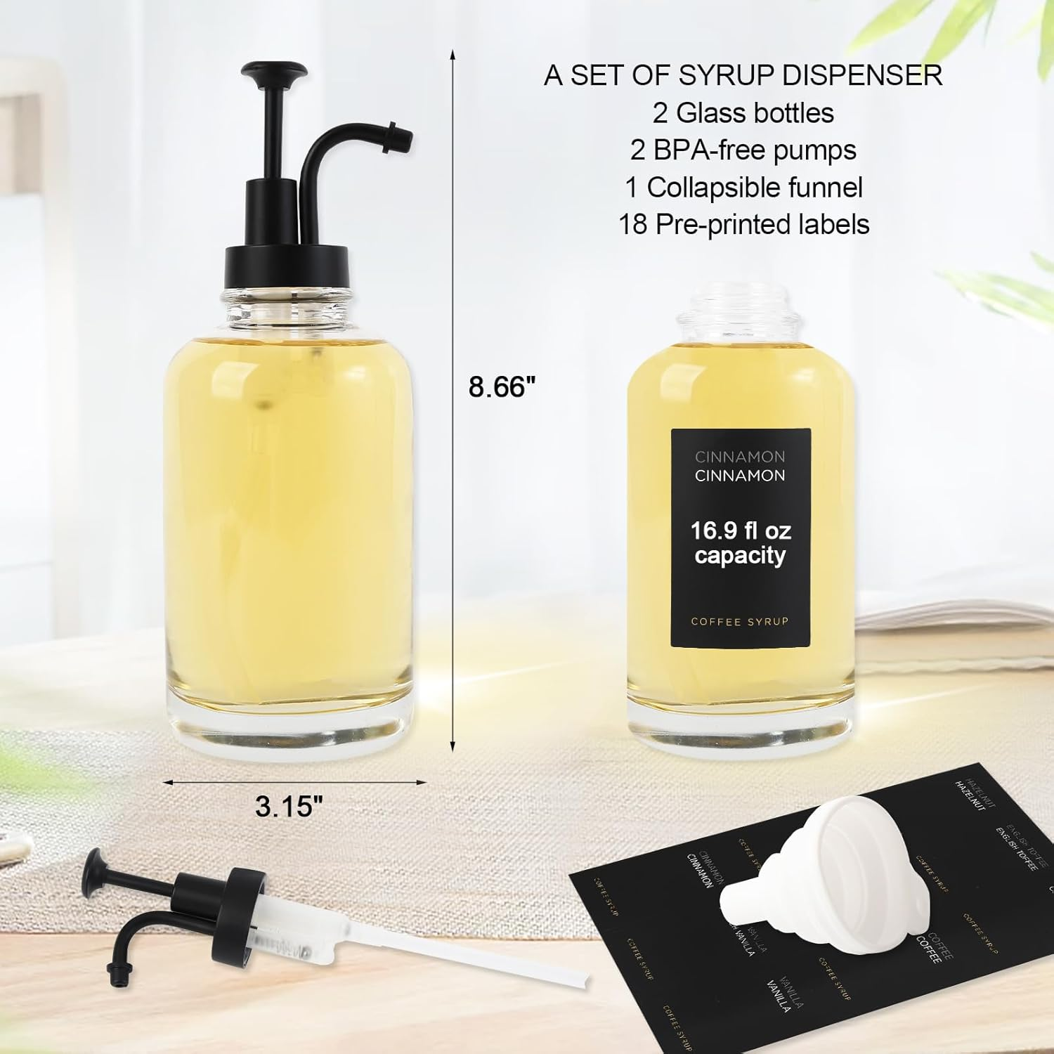 Joyfulmap 2 Coffee Syrup Dispenser with 18 Labels, Black Pump Dispenser with Bottles for Coffee Bar, Minimalist Glass Coffee Bottle, Simple Maple/Coffee Syrup Bottles W. Black Labels,16.9 Oz 500 Ml image number 6