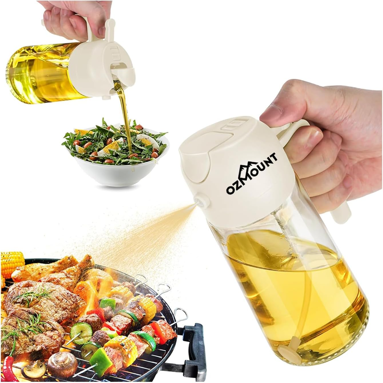 OZMOUNT Olive Oil Spray and Pour Bottle, 2 in 1 Oil Dispenser and Sprayer, Kitchen Gadgets, Kitchen Accessories, Container, Non Slip Comfort Grip, 16Oz/470 Glass Spraying, Mister Salad, (GREEN)