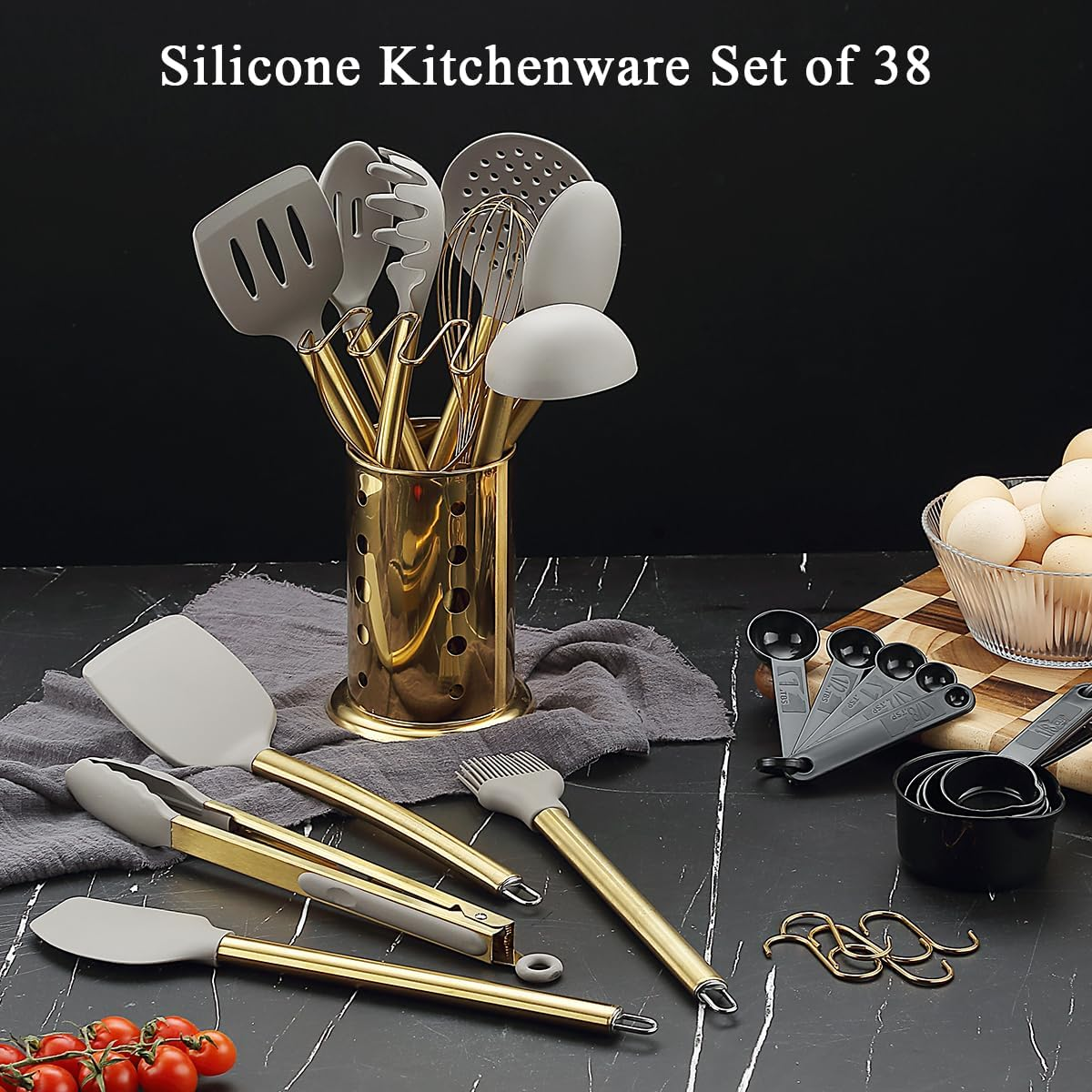 Gold Kitchen Utensils Set, Kyraton 38 Pieces Non-Stick Silicone Cooking Utensils Set, Spoon Spatula Set with Sturdy Stainless Steel Utensil Holder, Dishwasher Safe image number 3