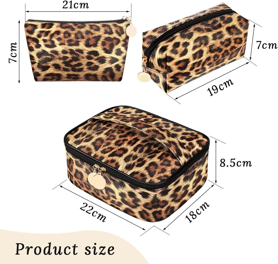 3-Piece Leopard Print Cosmetic Bag Set, Cheetah Print Portable Travel Cosmetic Bag, Multifunctional Women'S Handbag, Waterproof Storage Box with Zipper, Large-Capacity Toiletry Storage Box image number 2