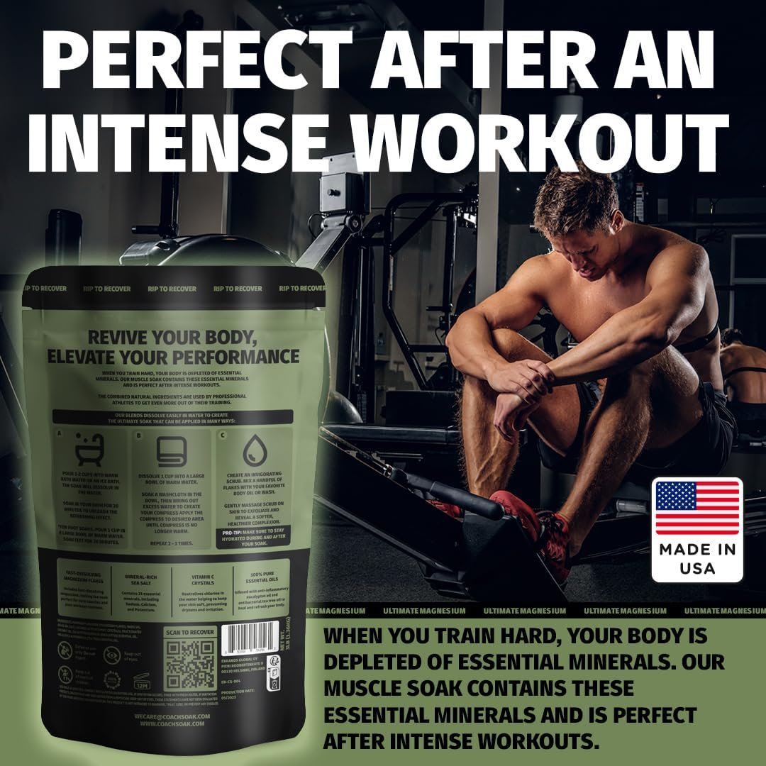 Coach Soak: Muscle Recovery Bath Soak - 1360G Natural Magnesium Relief Bath Salt - 21 Minerals, Essential Oils & Dead Sea Salt - Absorbs Faster than Epsom Salt (Eucalyptus Tea Tree) image number 2