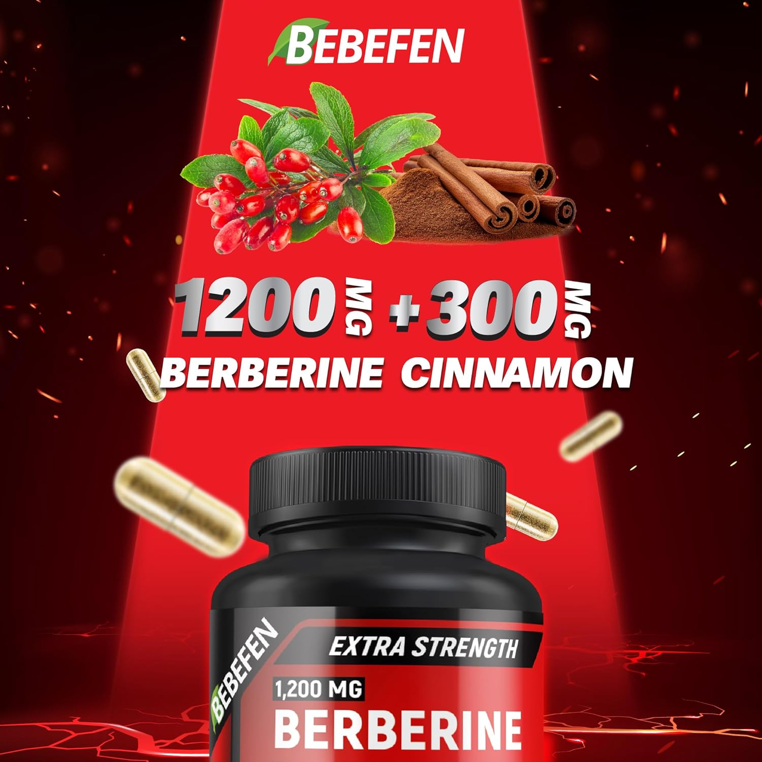 BEBEFEN Premium Berberine Hcl 1200Mg plus Ceylon Cinnamon 300Mg, Berberine HCI Root Supplements Pills - Non-Gmo, Vegan, Gluten Free. 60 Easy to Swallow Capsules