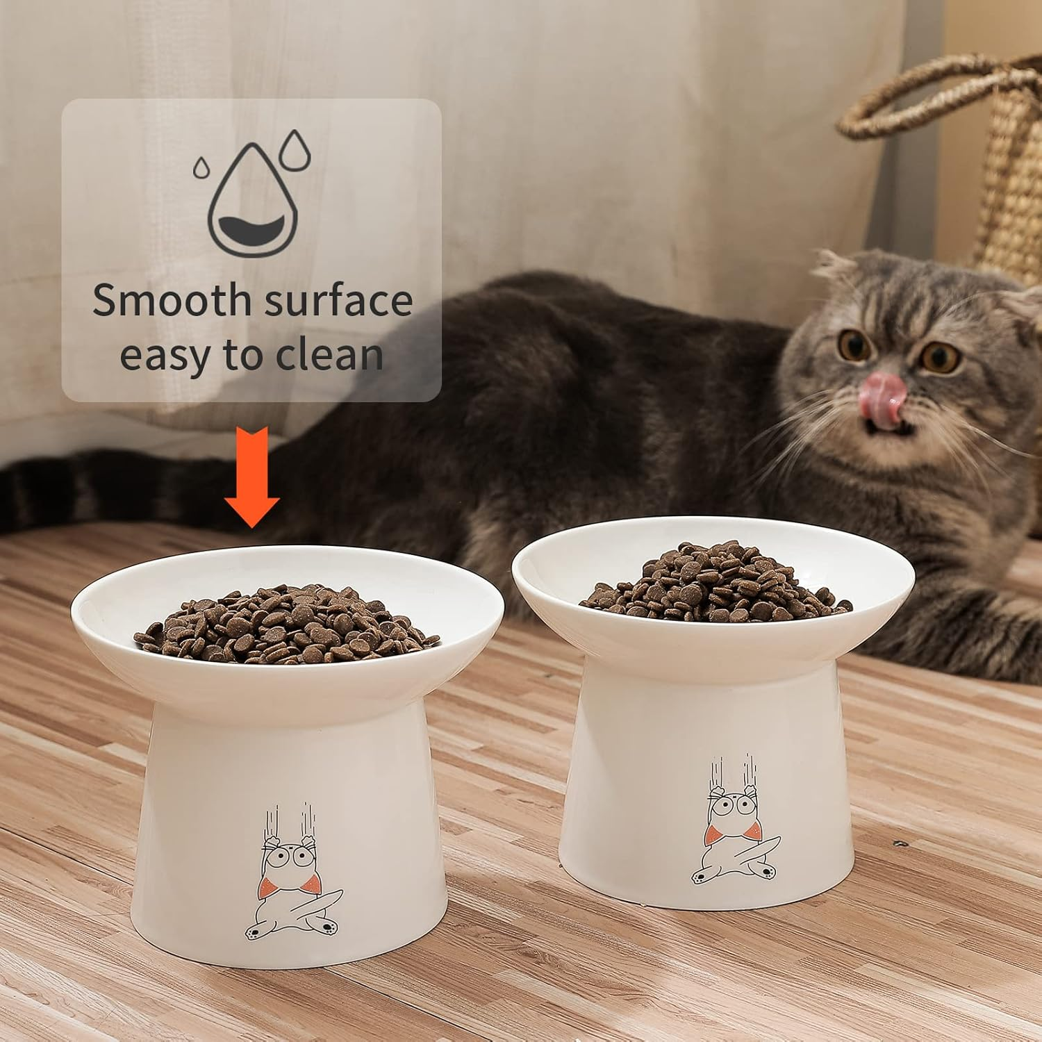 6.5 Inch Extra Wide Ceramic Raised Cat Bowls, Upgraded Elevated Porcelain Cat Food Water Bowl Dish, Stress Free Pet Feeder Bowls Dishes for Elder Big Cats & Small Dogs, White image number 3