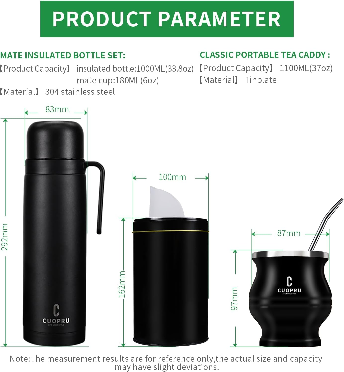 Cuopru Premium Stainless Steel Yerba Mate Kit, Gourd, 33.8Oz Insulated Bottle, Container, Bombilla, Cleaning Brush, Tea Filter Set, Matte Black image number 3