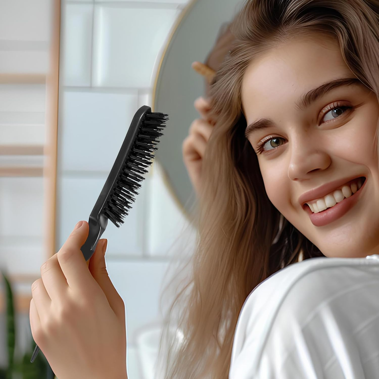 Teasing Boar Bristle Hair Brush for Women, Black Teasing Hair Brush Nylon Bristles Salon Styling Edge Boar Bristle Teasings-Brushs for Fine Comb Hair-Brushs for Edge Control Backcombing image number 3