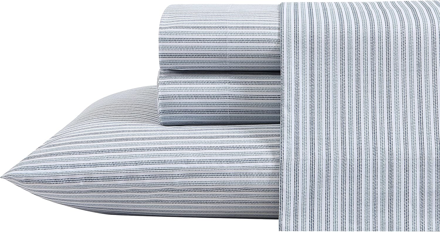 Eddie Bauer Sheets Cotton Percale Bedding Set, Crisp & Cool, Stylish Home Decor, Full, Ticking Stripe Blue/White
