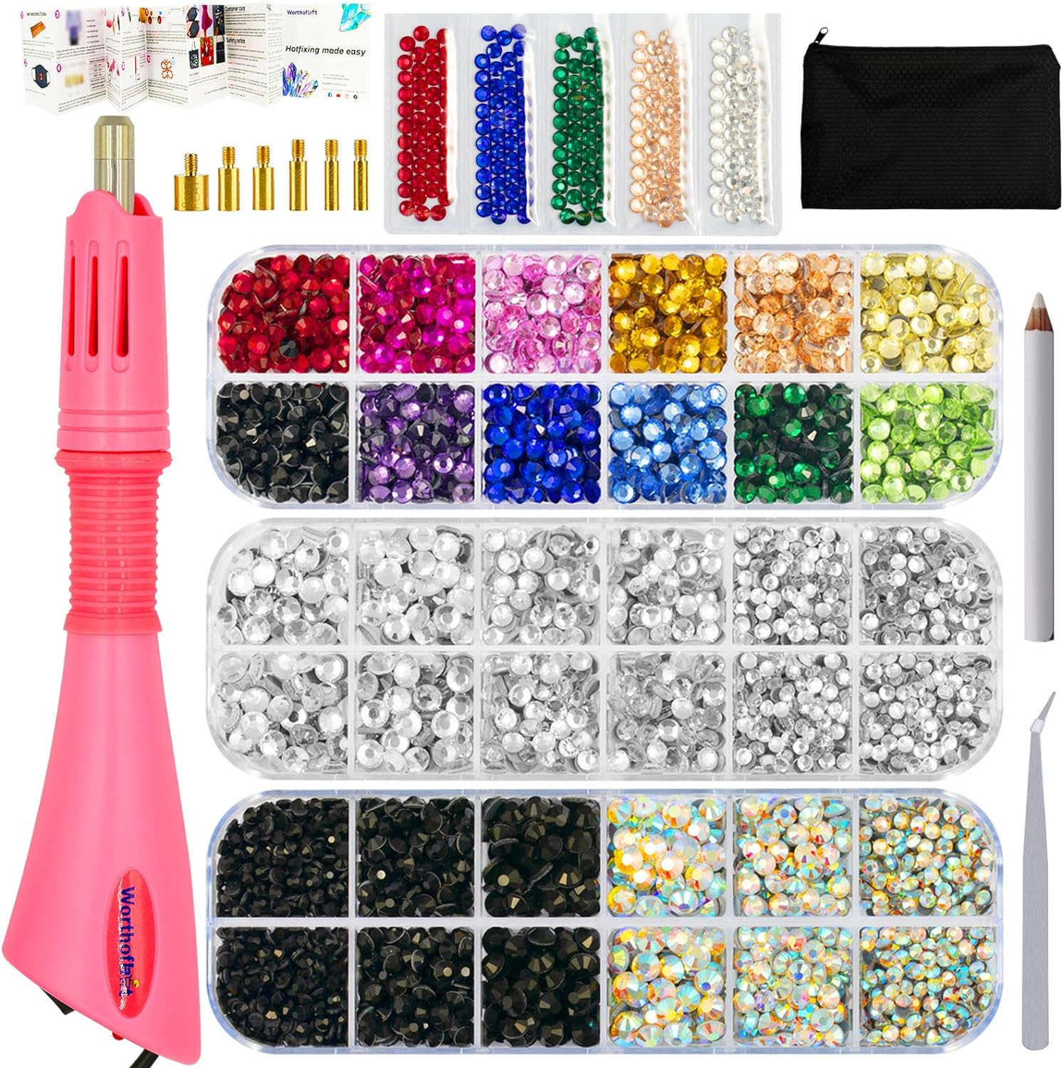 Hotfix Applicator, Hot Fix Rhinestones Setter Applicator Tool, Bedazzle Kit with Rhinestones,3 Boxes Ab,Rainbow,Clear,Color Rhinestones, Including Tips, Tweezers, Pencil, Tray, SS10,SS16,SS20, 4360Pcs