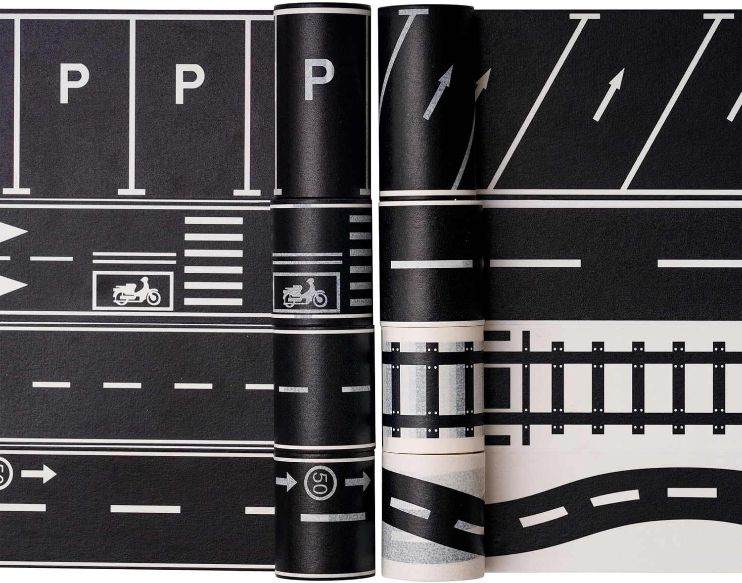 YUBX Road Tapes & Curves Stickers Set 8 Rolls Black Highway Washi Tapes Traffic Decorative Masking Tape for Toy Cars, Vehicles Kits, Kids Party Gift image number 5