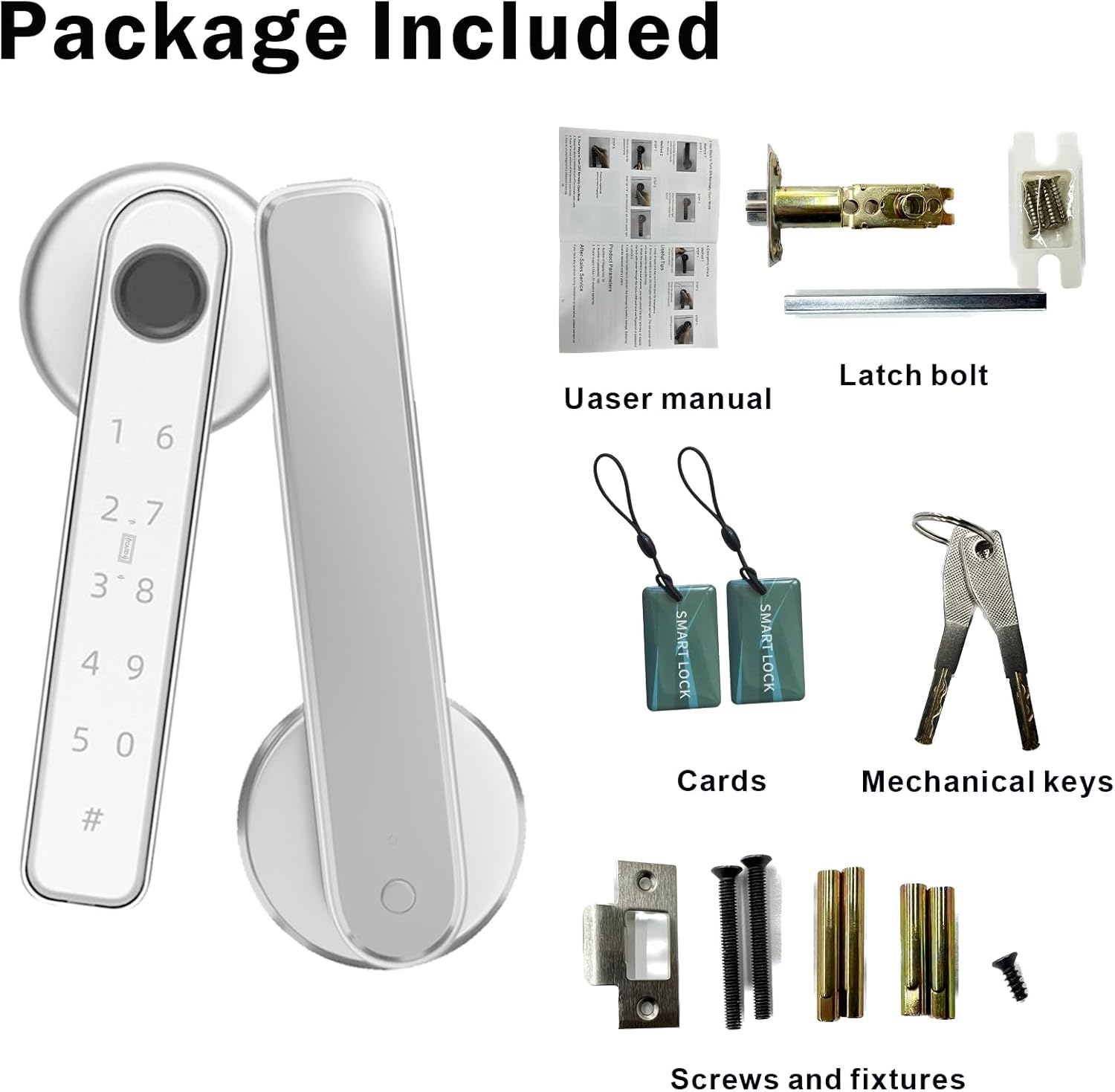 Fingerprint Door Lock, 5 in 1 Smart Door Handle with Smart App/Fingerprint/Ic Cards/Password/Backup Keys, Smart Door Lock with Keypad,Sliver. image number 4