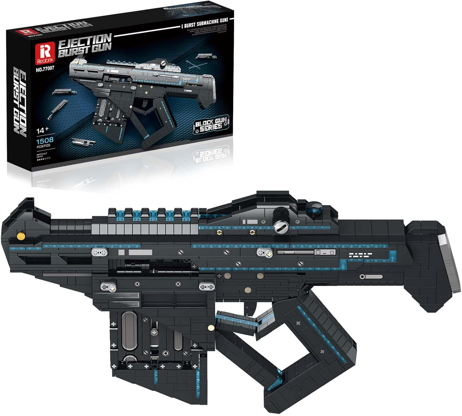 Reobrix 77007 Gun Building Blocks Set, Submachine Gun Toy Model Kit with Motor, Military Weapon Building Toy for 12+, 1508 Pieces image number 3