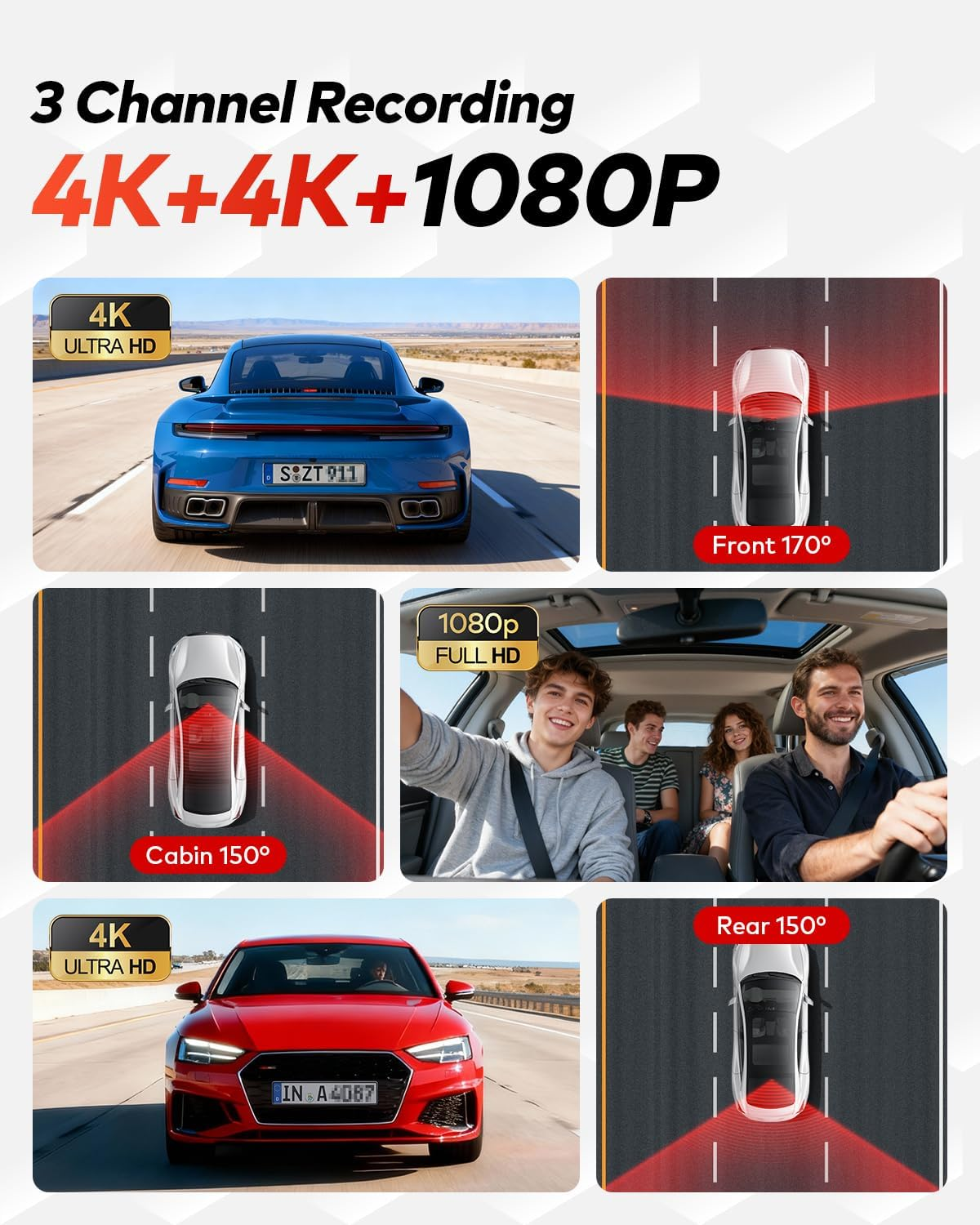 4K+4K+1080P 3 Channel Dash Cam Front and Rear with Cabin, Free 128GB Card Included, 5.8Ghz Wifi6 - up to 20Mb/S, IR Night Vision, Built-In GPS, G-Sensor, 24H Parking Mode, Support 512GB Max image number 4