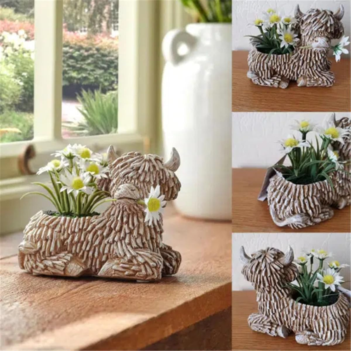 Highland Cow Planter for Outdoor Plants, Cute Scottish Decor Flower Pot,Resin Figurines Succulent Pots,Highland Cow Succulent Planters,Gifts for Women Men image number 3