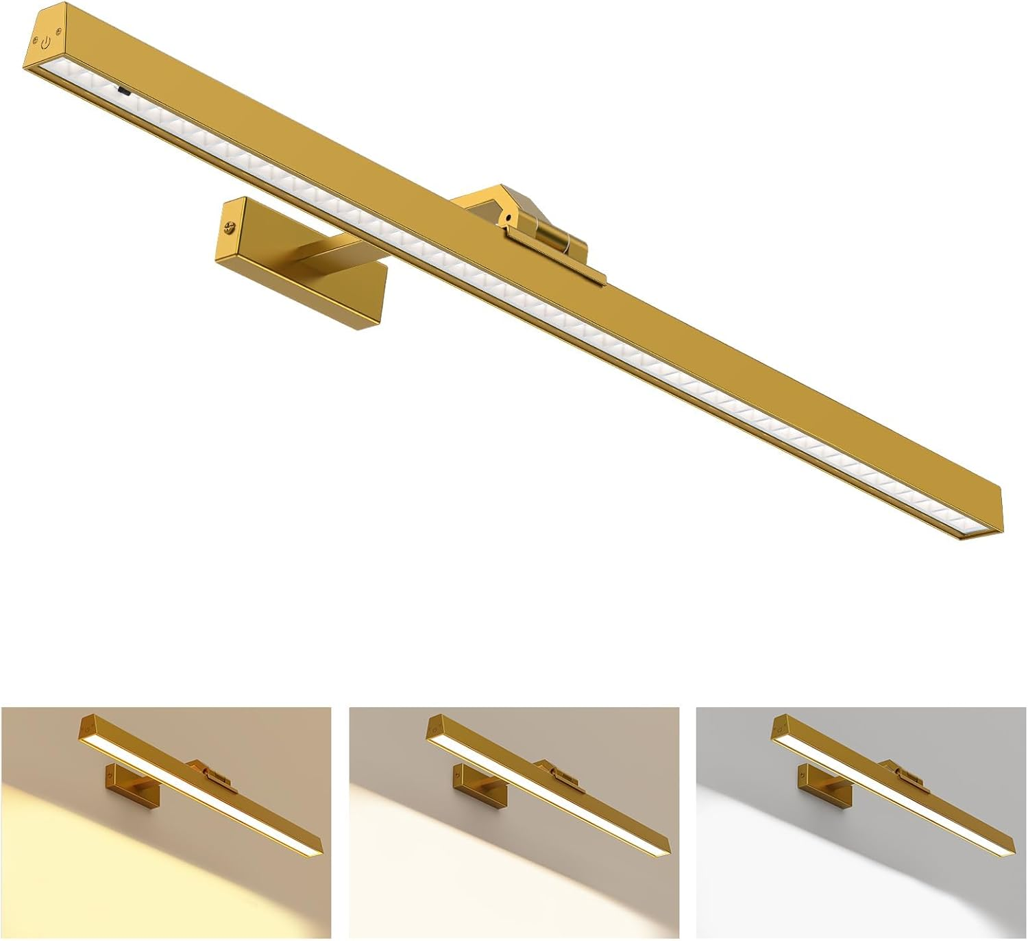 Hudyogy Wall Picture Light, 24In Battery-Powered Gallery Light for Artwork, CCT Dimmable Rechargeable Battery Wall Lamp with Remote Control for Living Room, Gallery, and Dartboard (Gold)