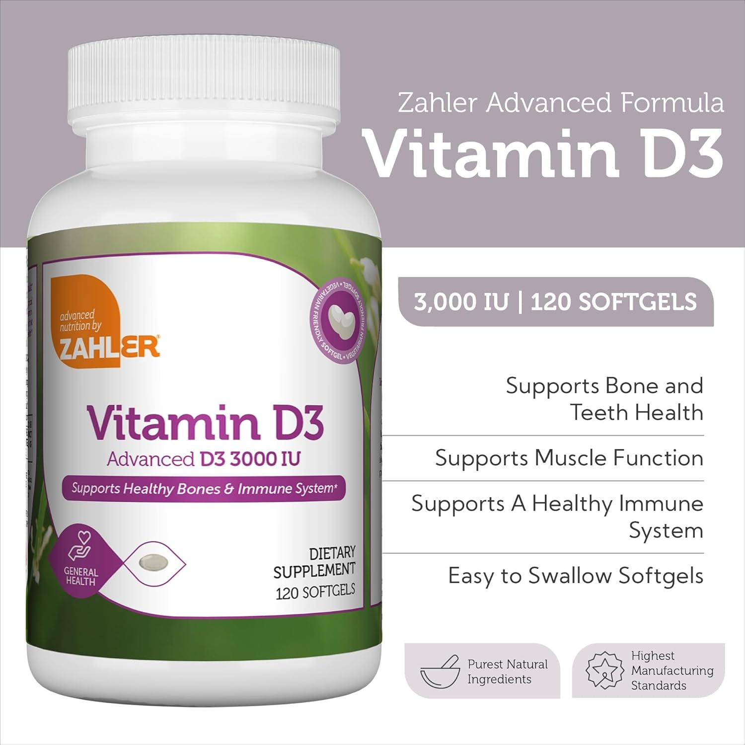 Zahler Vitamin D3 (Cholecalciferol) 3000Iu, an All-Natural Supplement Supporting Bone Muscle Teeth and Immune System,120 Softgels image number 5