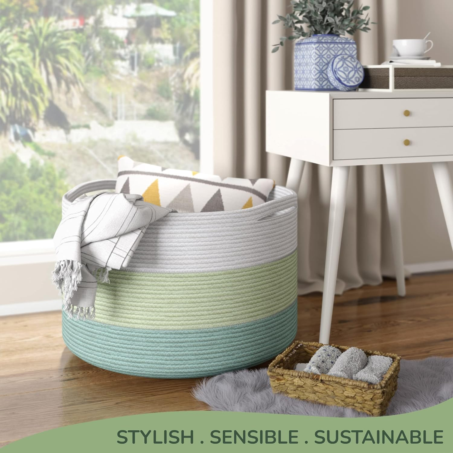 Recycled Cotton Rope Storage Basket - 21.7 X 21.7 X 13.8 Inches Extra Large Basket for Cushions, Blanket, Pillows, Toys - Stylish and Eco-Friendly Living Room Rope Basket - Green & White