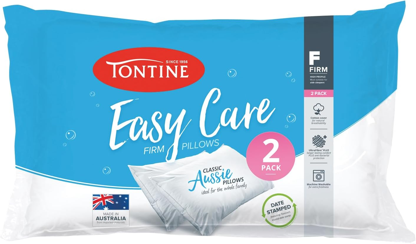Tontine Easy Care Medium 2 Pack Pillow, Medium Height & Support, anti Bacterial Protection, Natural Cotton Cover, Machine Washable, Australian Made Pillow image number 1