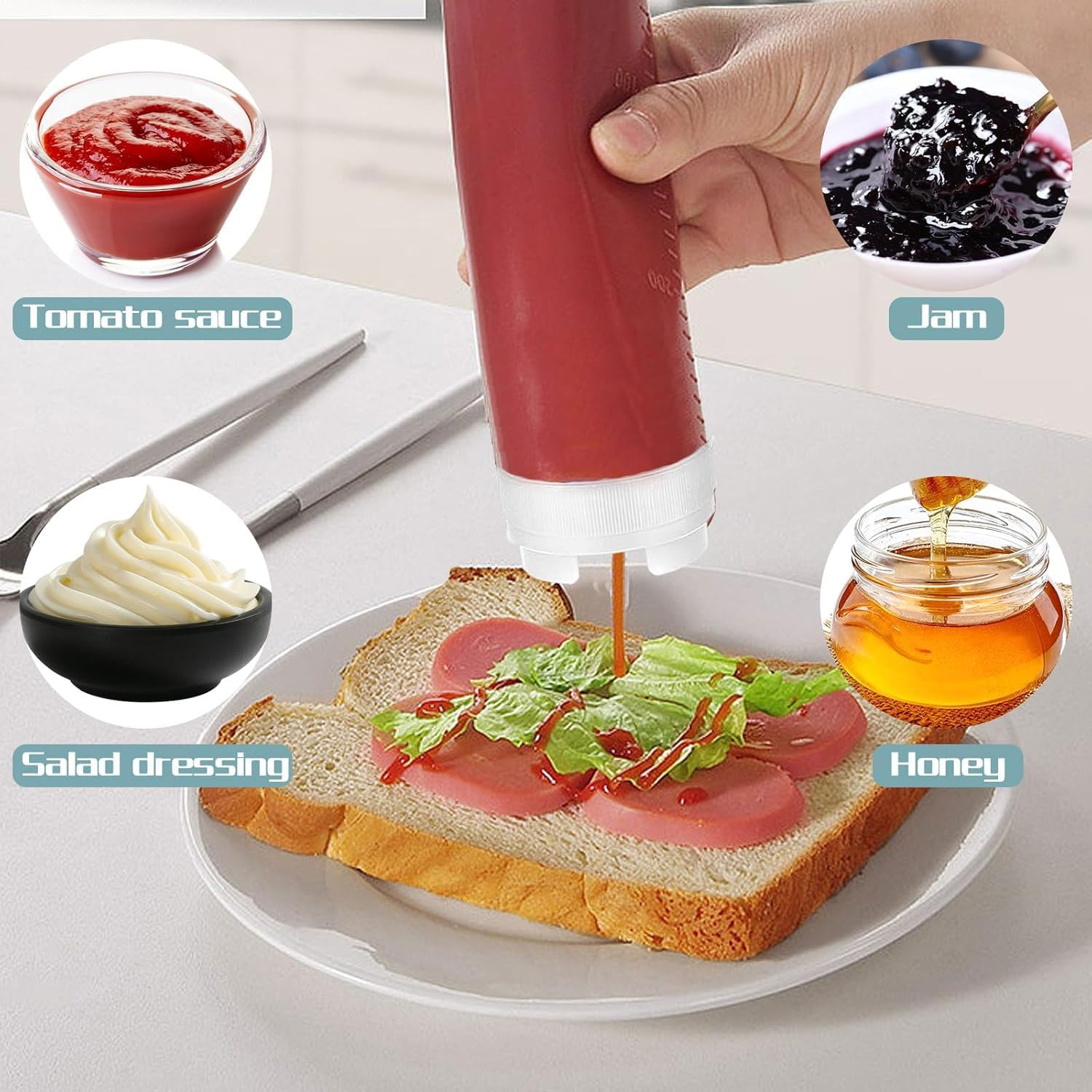 Yqkangzhu 4 Pcs 16 Oz Inverted Plastic Squeeze Bottles, Upside down Condiment Squeeze Bottle, Refillable Tip Large Valve Bottles, Self Sealing Syrup Dispenser for Ketchup Sauces Cream for Restaurants image number 4