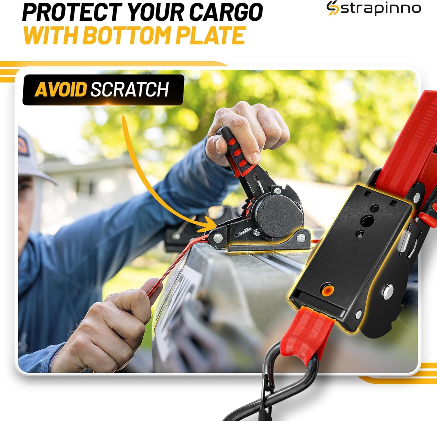 Strapinno Retractable Ratchet Straps 1 in X 10 Ft, Secure Tie-Downs with Rubber-Coated Steel Handles, for Motorcycle, Jetski, Kayak, Breaking Strength 1,500LBS/680KG (Red Strap, Black Coated) image number 5