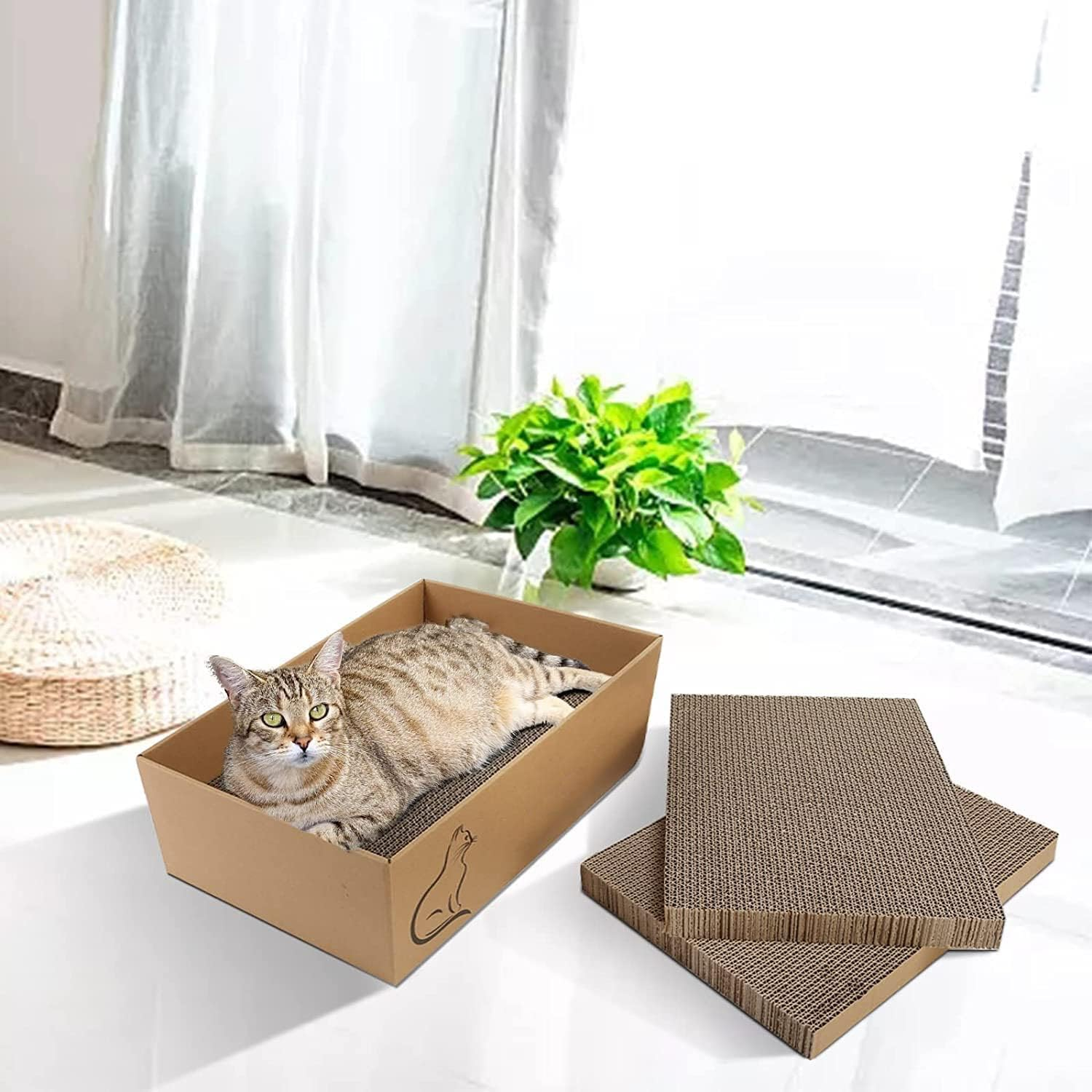Cat Scratcher with Box,5 in 1 Reversible Cat Scratcher Cardboard, 5 PCS Corrugated Scratching Cat Scratch Pad Replace for Cat Book Scratcher, Corrugated Cardboard Scratching Lounge for Indoor Kitty to Rest and Play Kitty/Large Cats image number 2