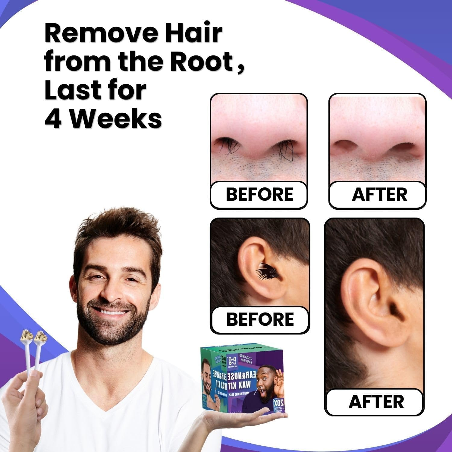 Waxfans Nose Wax Kit Men,Ear Hair Wax Kit,200G Wax,For 40 Uses,Nose & Ear Hair Removal for Men and Women,Long-Lasting for 4 Week (Green) image number 2