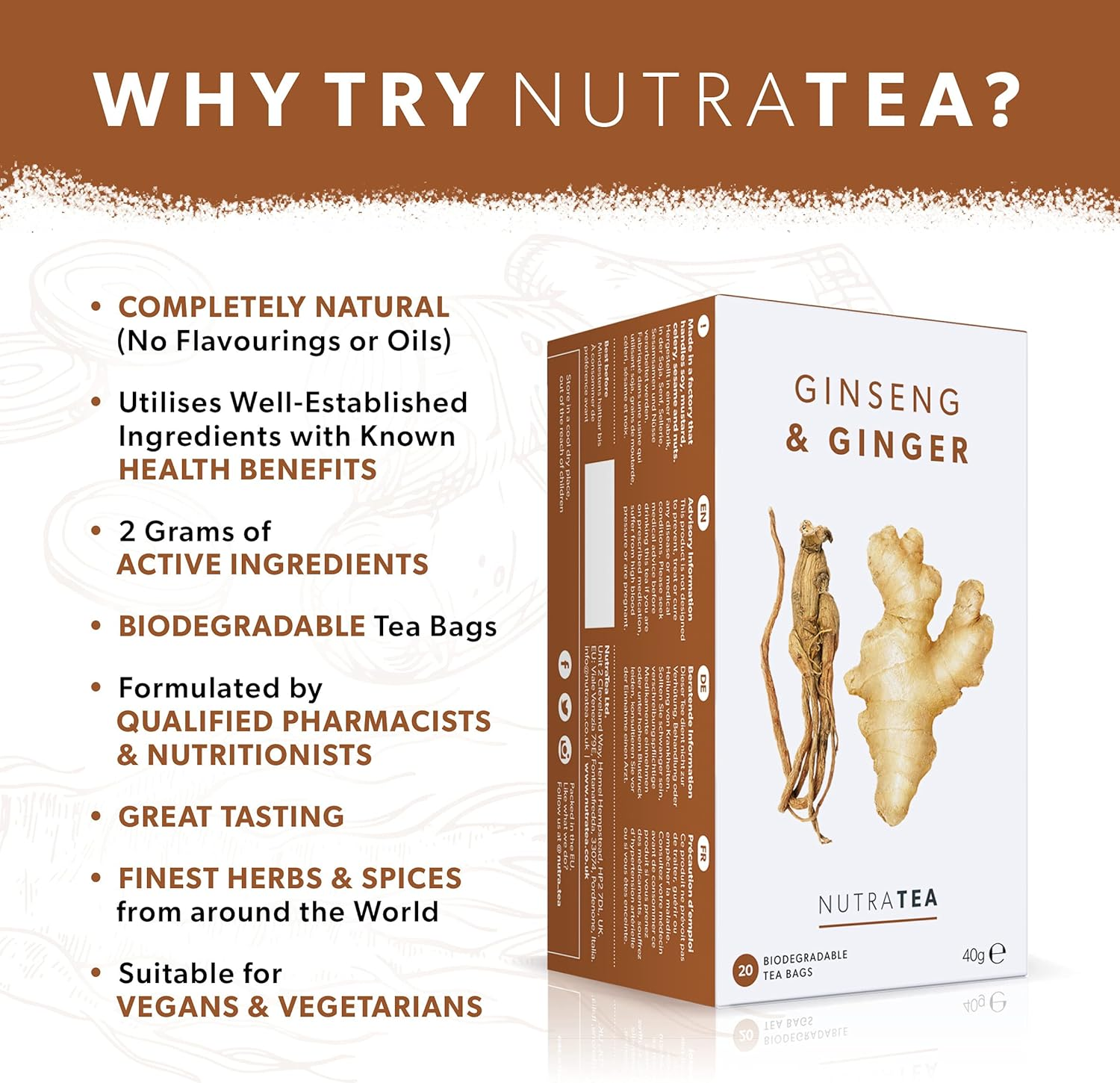 Nutra Tea - Ginger & Ginseng Tea | Ginger Tea - 40 Individually Wrapped Bags - Herbal Teas - (2 Pack) image number 2