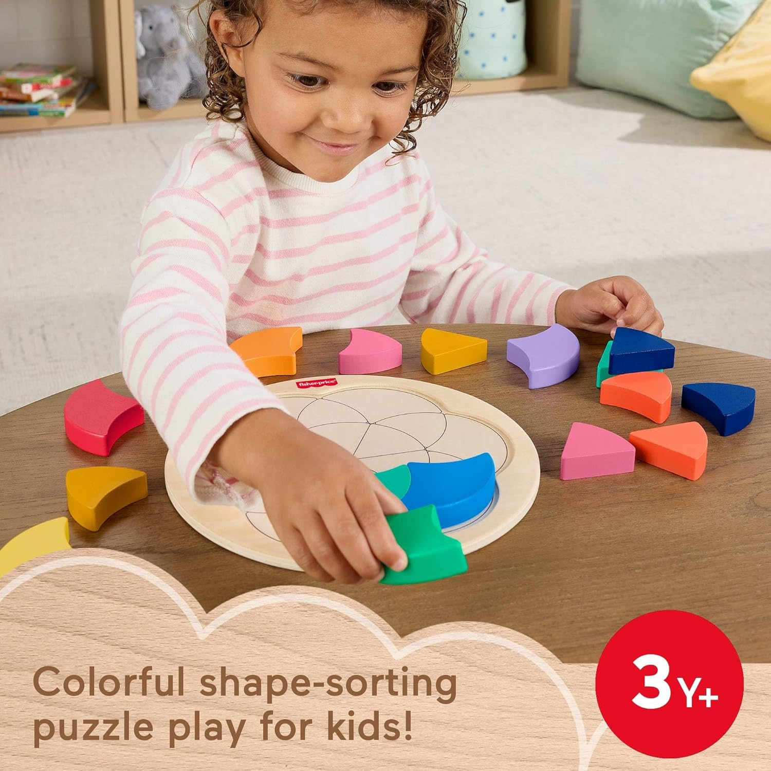 Fisher-Price Preschool Toy Wooden Color Wheel Puzzle, 19 Wood Pieces, Shape-Sorting Developmental Play for Kids Ages 3+ Years image number 2