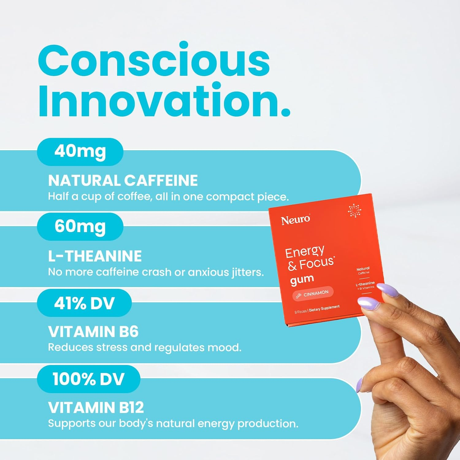 Neurogum Energy Caffeine Gum (54 Pieces) - Sugar Free with L-Theanine + Natural Caffeine + Vitamin B12 & B6 - - Keto & Vegan, Cinnamon Flavor image number 6