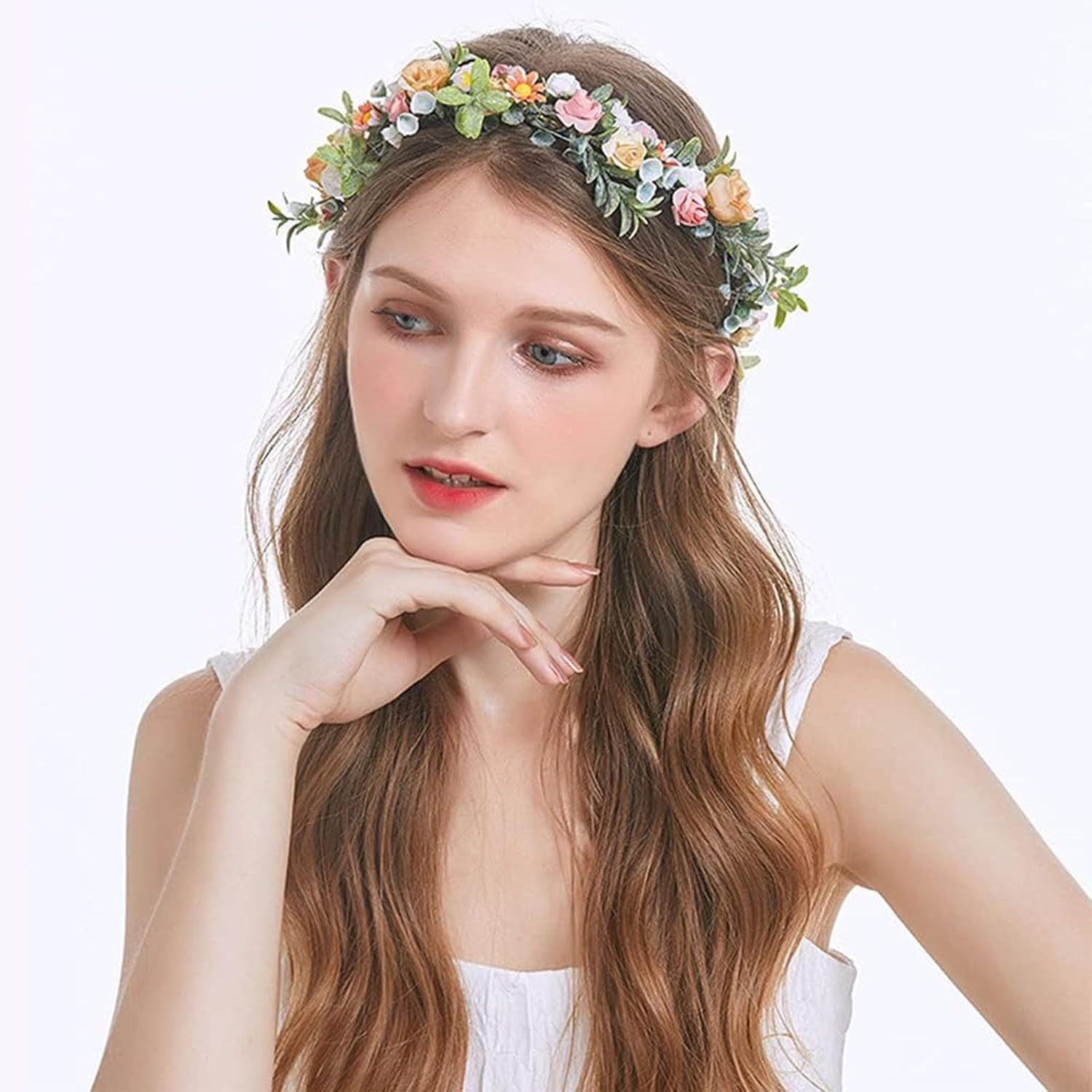 Dinghaole 2Pcs Rose Flower Crown, Floral Wreath Headband, Wedding Bridal Headpiece Hawaiian Party Accessories, Bohemian Style Headdress for Fun Day Out Bridal Headwear Party Festivals Hair Accessories image number 1