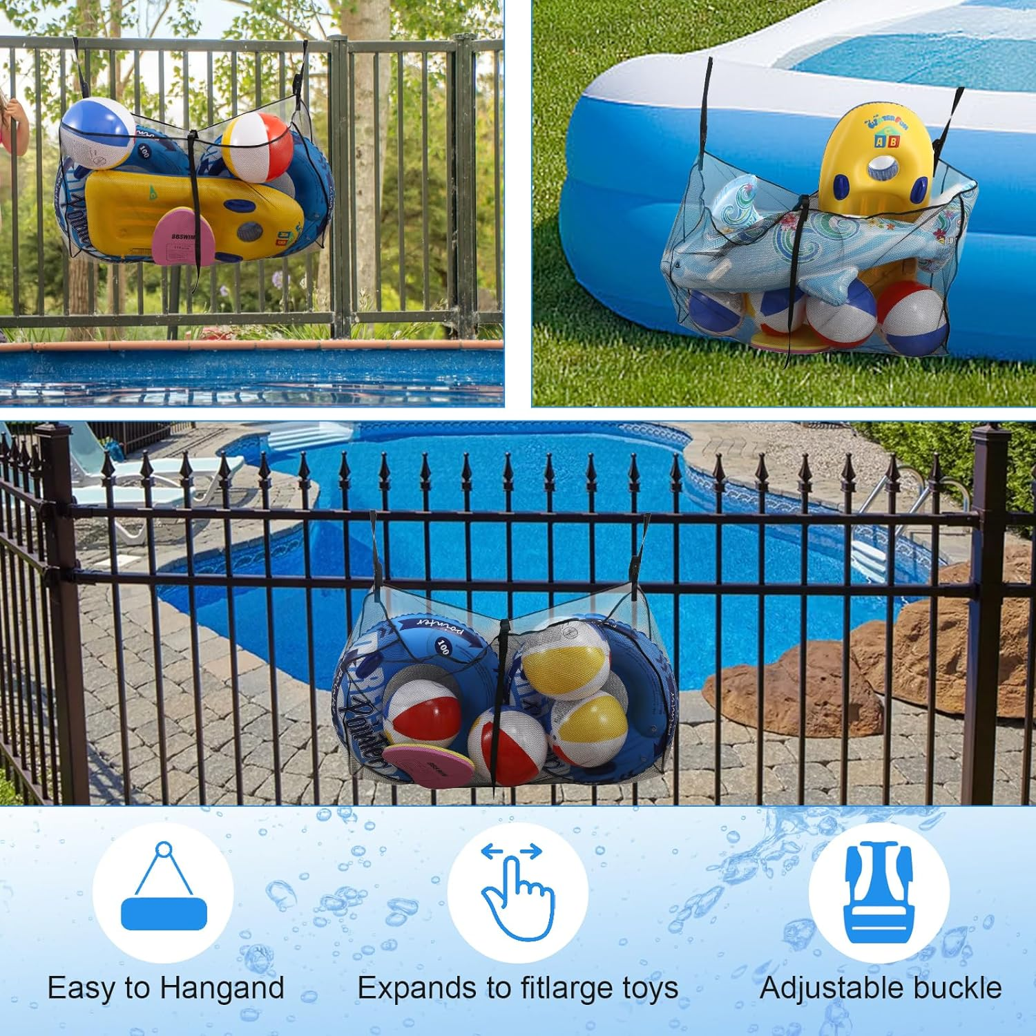 Pool Floats Storage Bag,Pool Float Toy Storage Mesh Bag,Water Tech Pool Pouch,Adjustable Swimming Pool Hanging Mesh Organizer Net Bag for Floats,Balls,Water Inflatable Toys image number 3