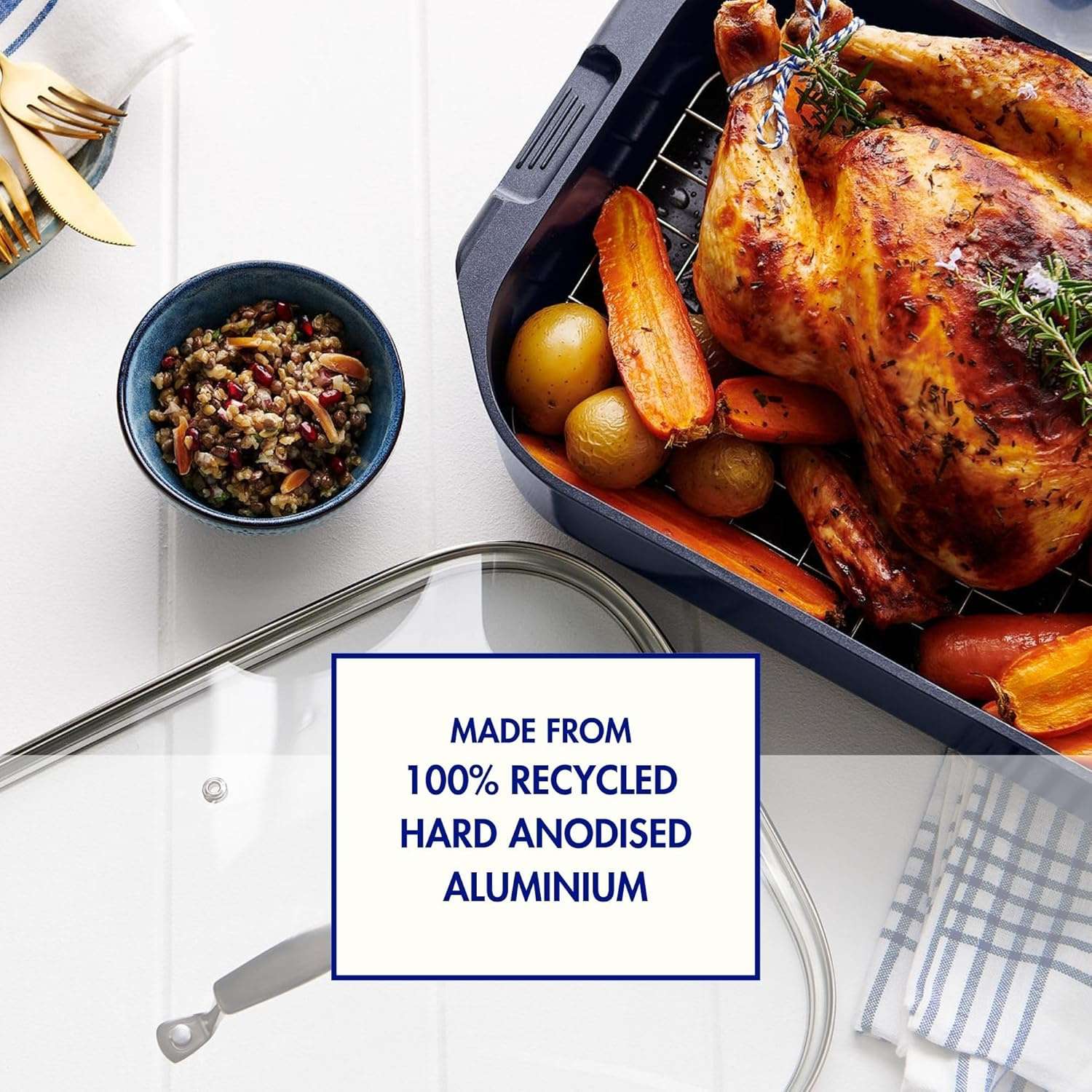 Blu. Cookware 34X24 Roaster with Lid, Roasting Rack - Toxin-Free, Durable Non-Stick Ceramic, Recycled Aluminium, Pfa/Pfoa-Free Roasting Pan Suitable for All Hobs, Includes Bamboo Cleaning Brush image number 6