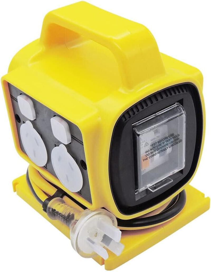10A 4 Way Outlet RCD Safety Power Block with 10A Plug, Yellow, 1.8 M Lead Length