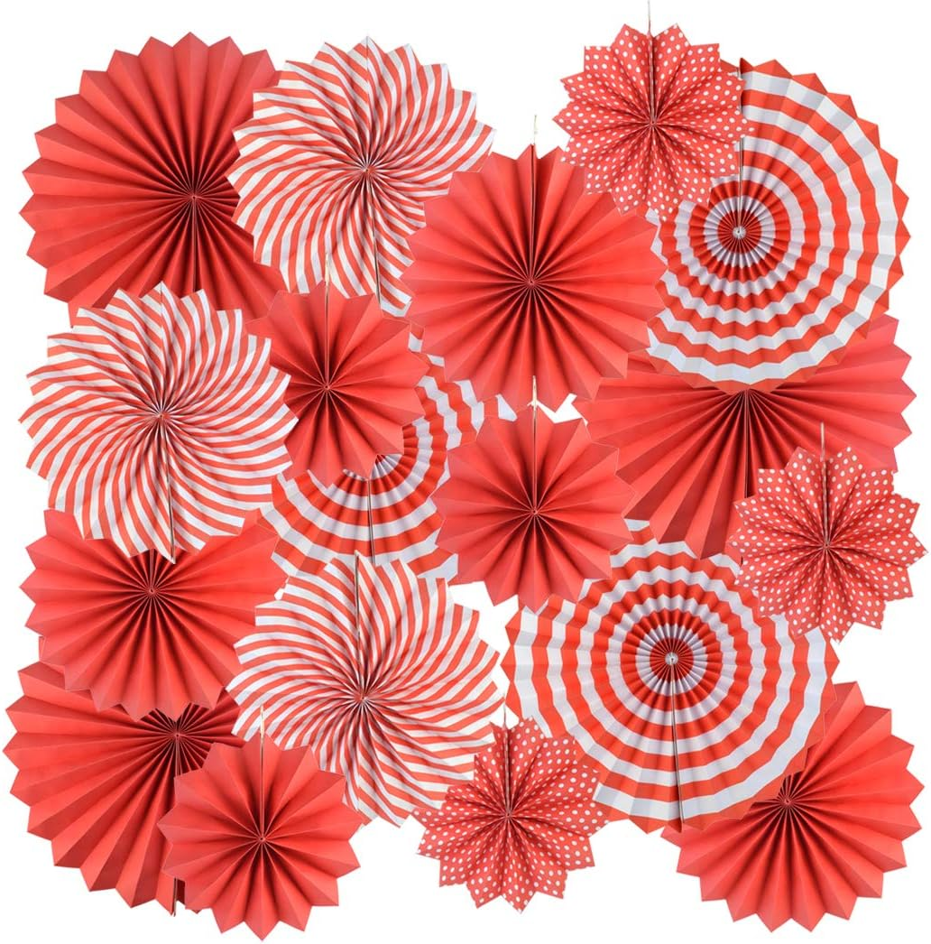 Party Hanging Paper Fans Set, Red round Pattern Paper Garlands Decoration for Birthday Wedding Graduation Events Accessories, Set of 18 Red