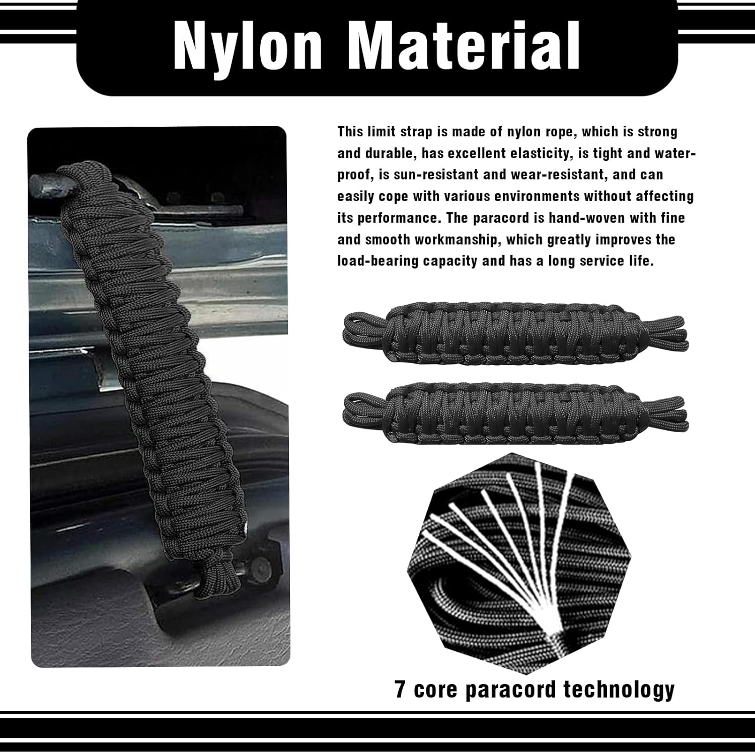 Yumfugu Pack-2 Car Door Limit Straps, Heavy-Duty Paracord Hand-Woven Straps Locator, Tensile Resistant Door Swing Limiter, Swing Door Check Limiter, for Jeep Wrangler CJ YJ TJ JK JKU JL (Black) image number 1