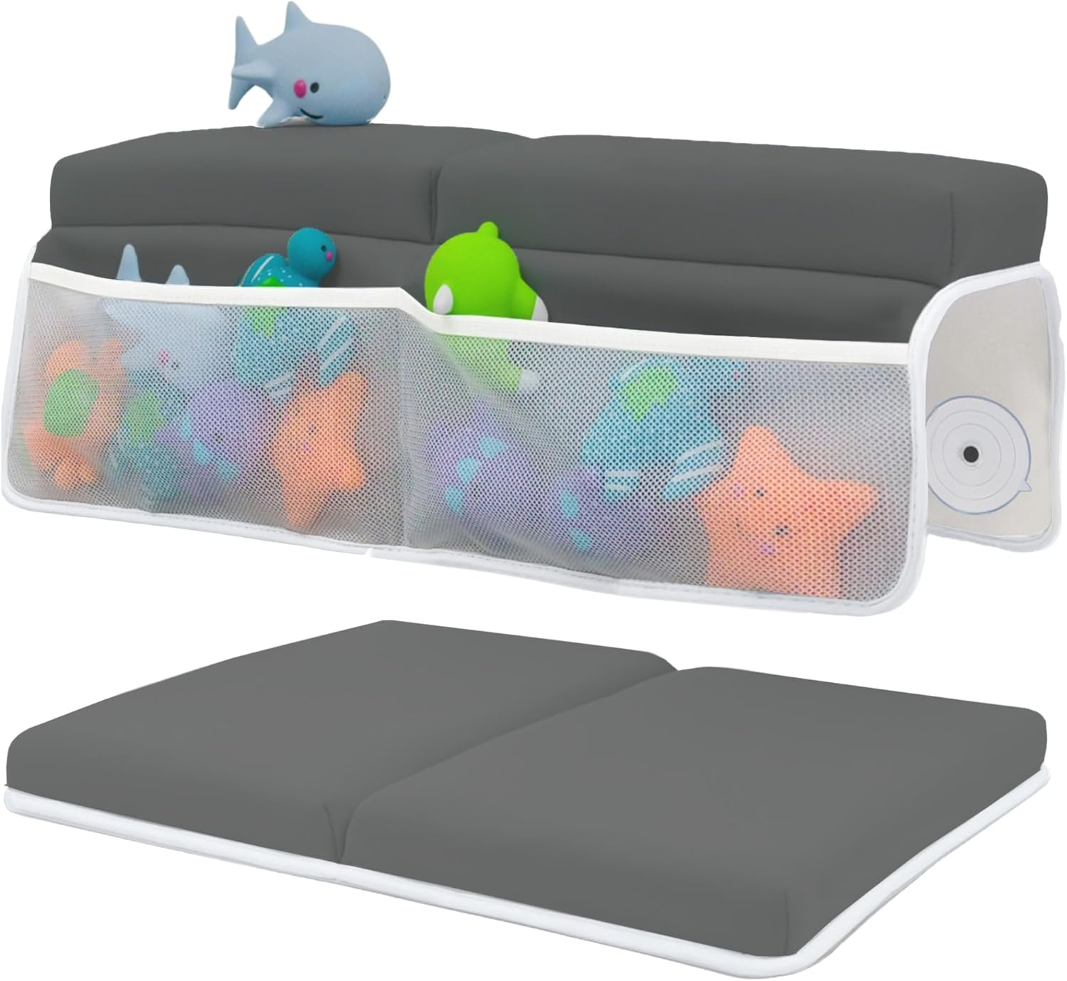 Comfortable Baby Bath Kneeler and Elbow Rest Pad Set - Thickest Bathtub Kneeler Pad with Memory Foam and Bath Toys Organizer - Bath Kneeling Pad for Bathing Baby - Relieve Your Knees and Elbows (Grey)